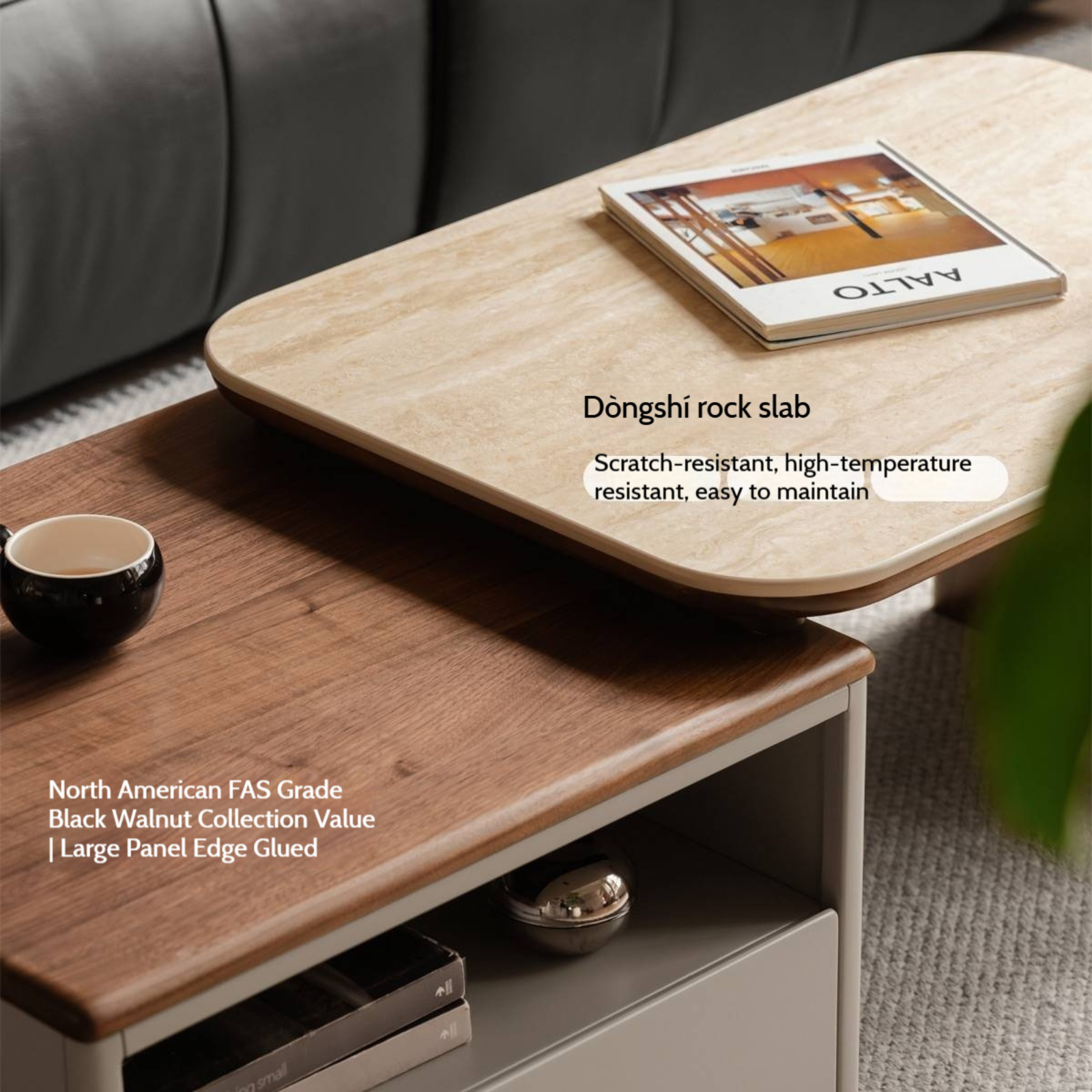 Black Walnut Solid Wood Italian Light Luxury Rock Plate Coffee Table