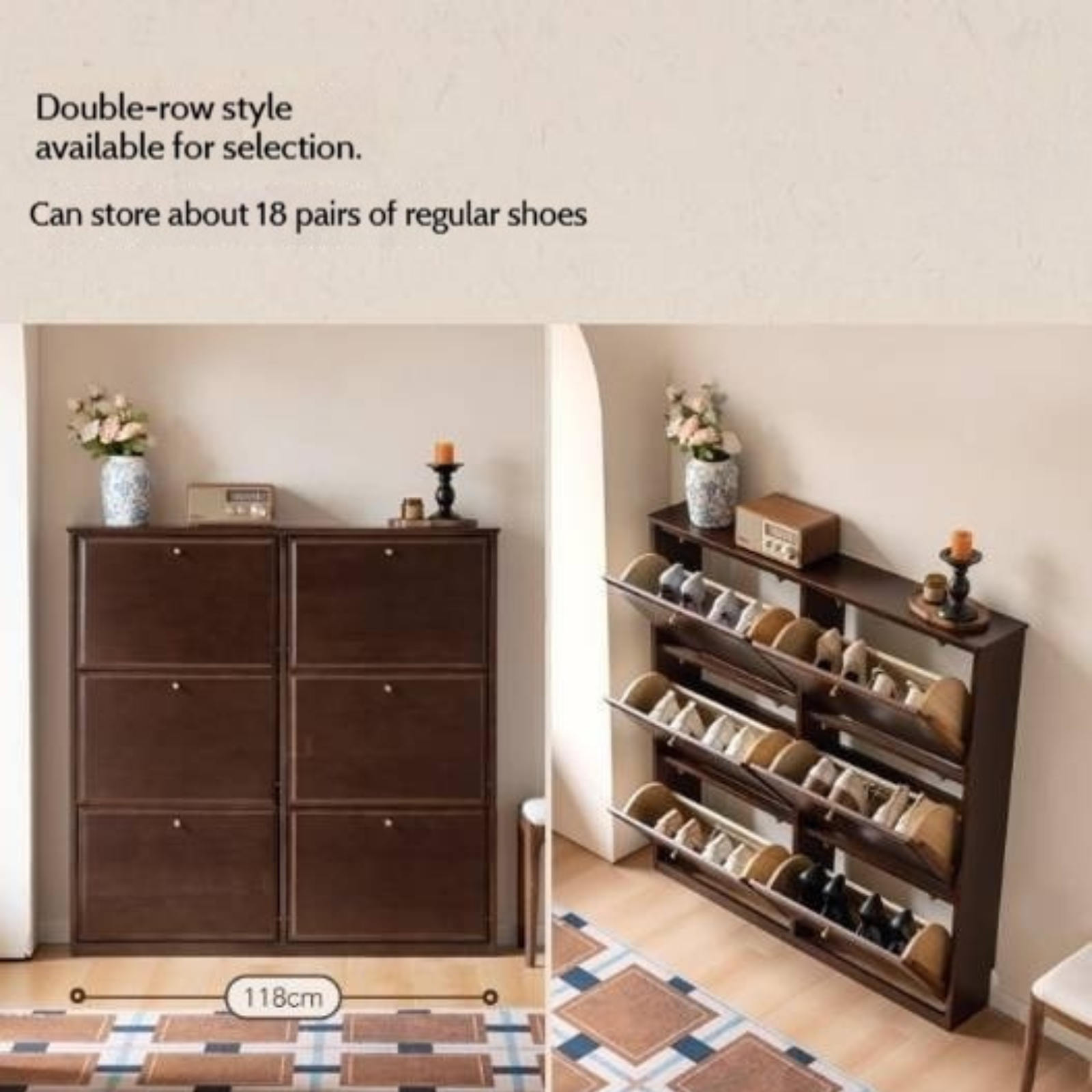 Poplar, Solid Rubber Wood Retro Narrow Shoe Cabinet