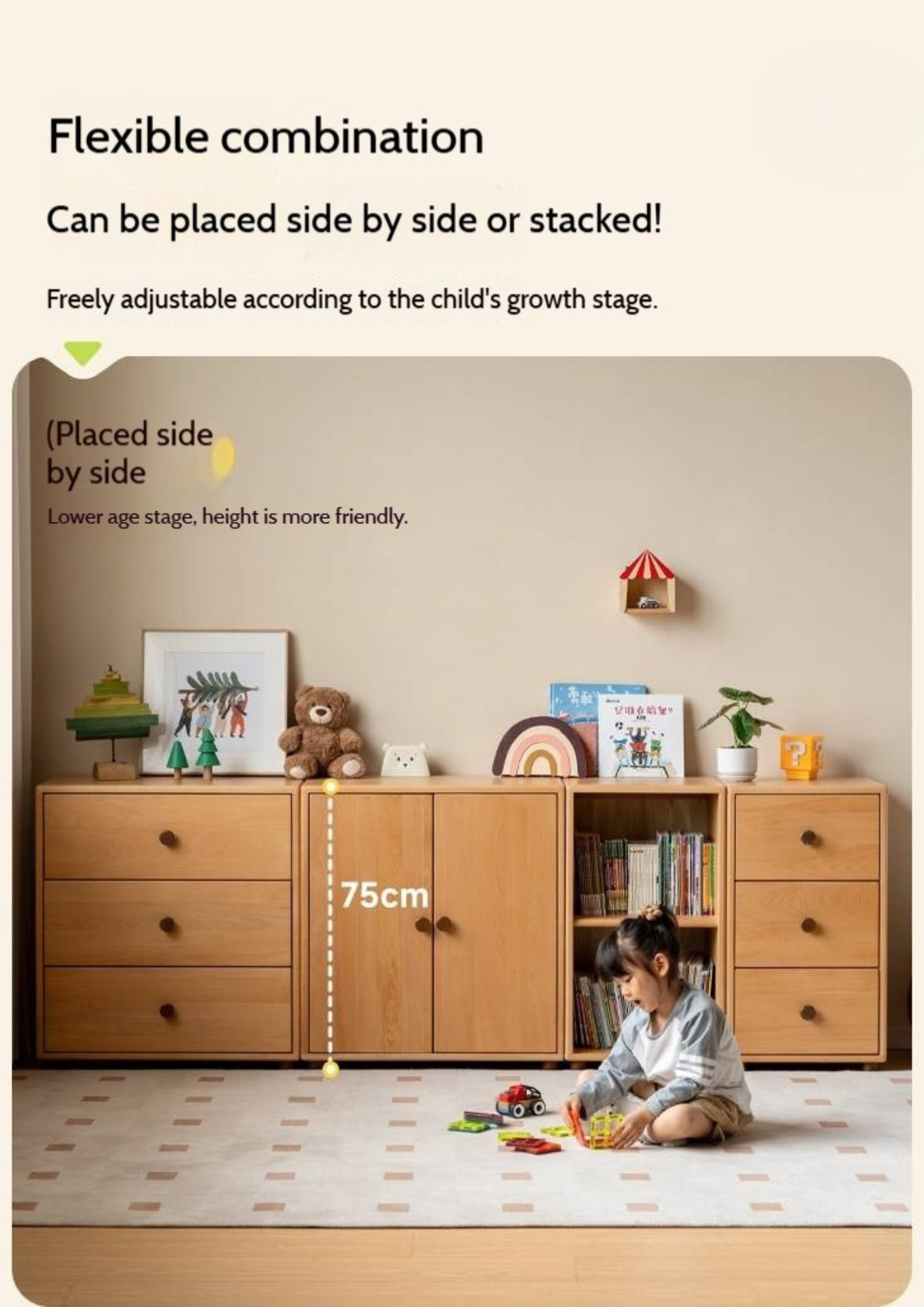 Solid Rubber Wood, Beech Solid Wood Nordic Style Children's Chest of Drawers