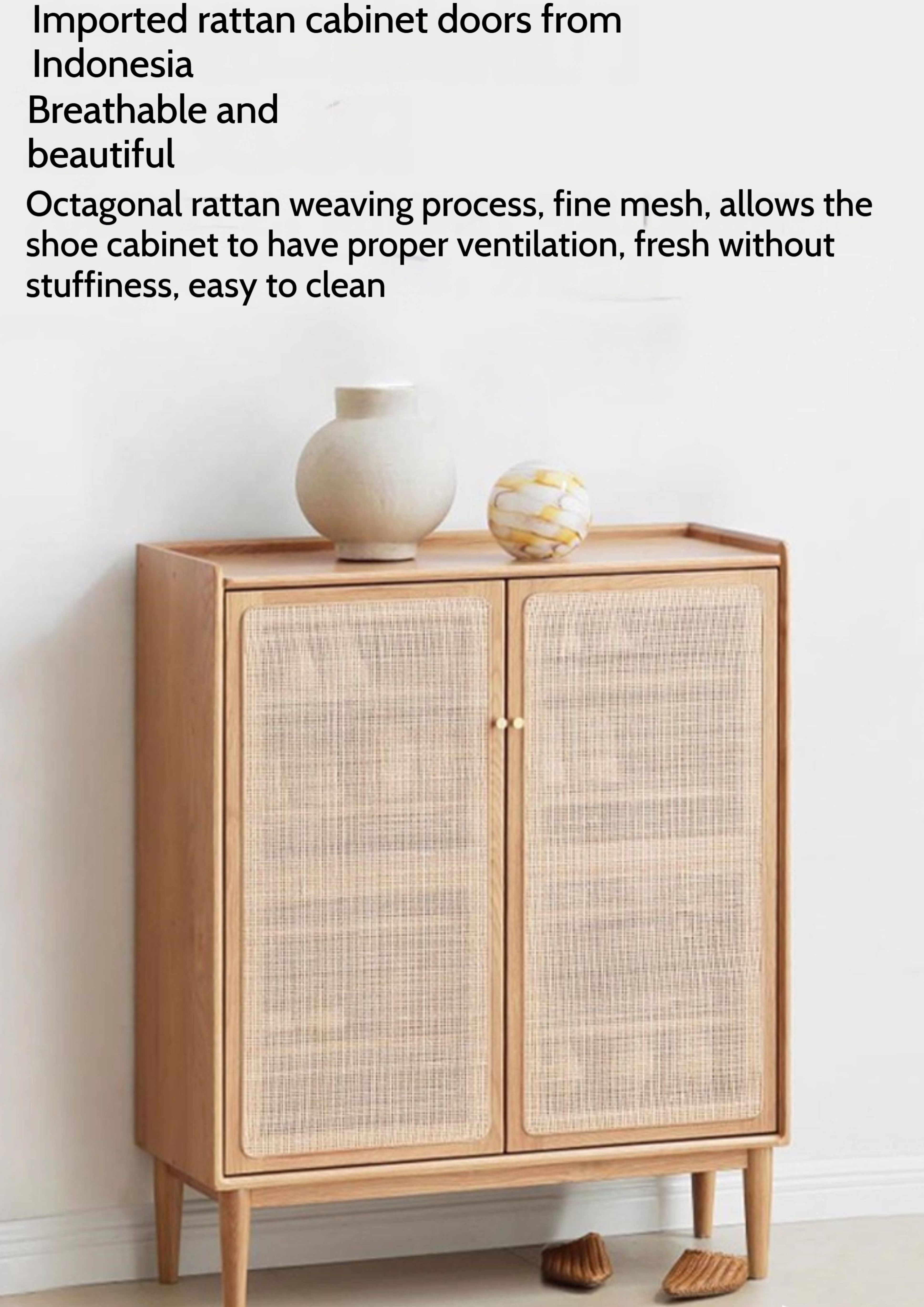 Oak Solid Wood Shoe Cabinet Storage Rattan