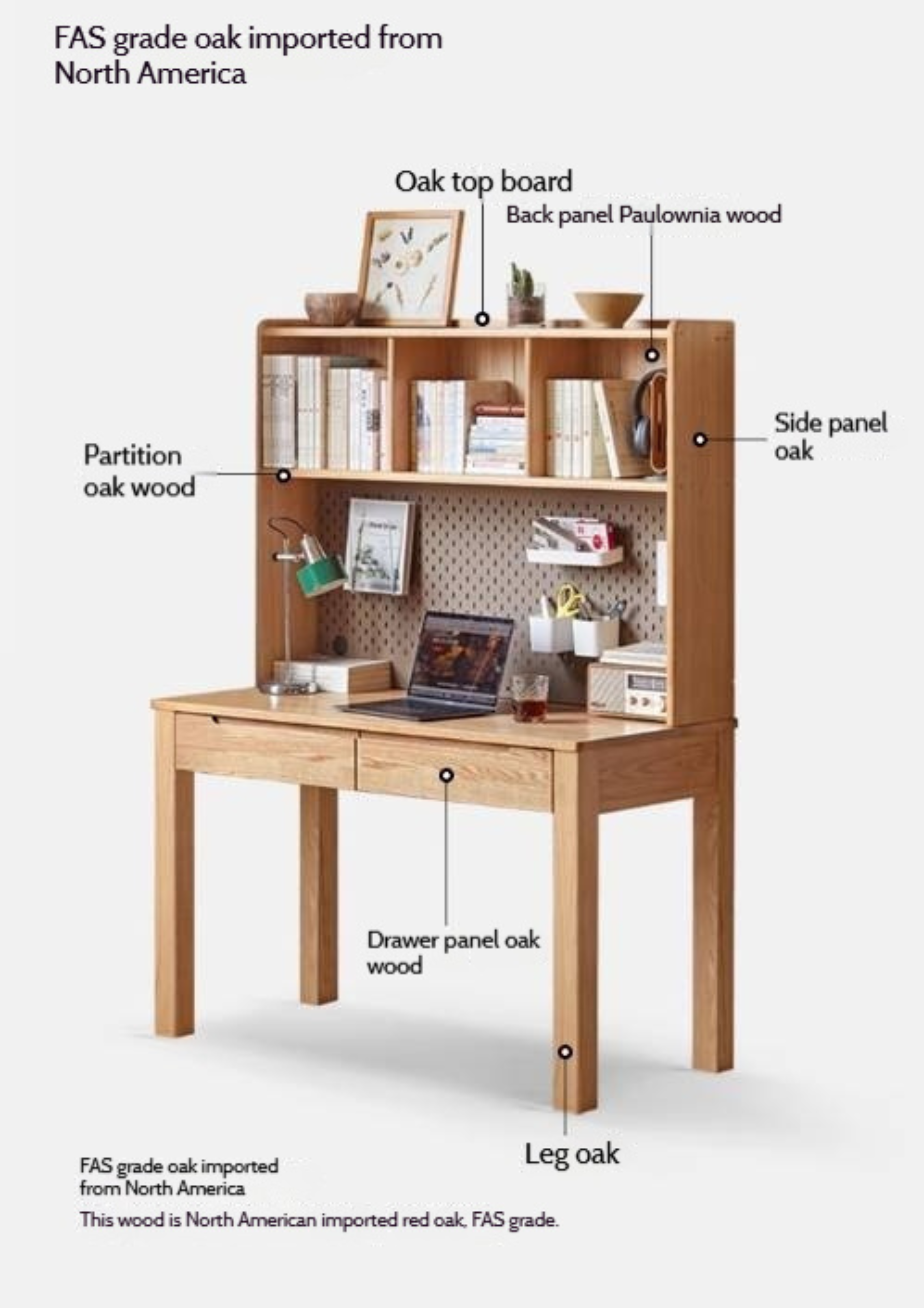 Oak Solid Wood Office Desk and Bookshelf Integrated