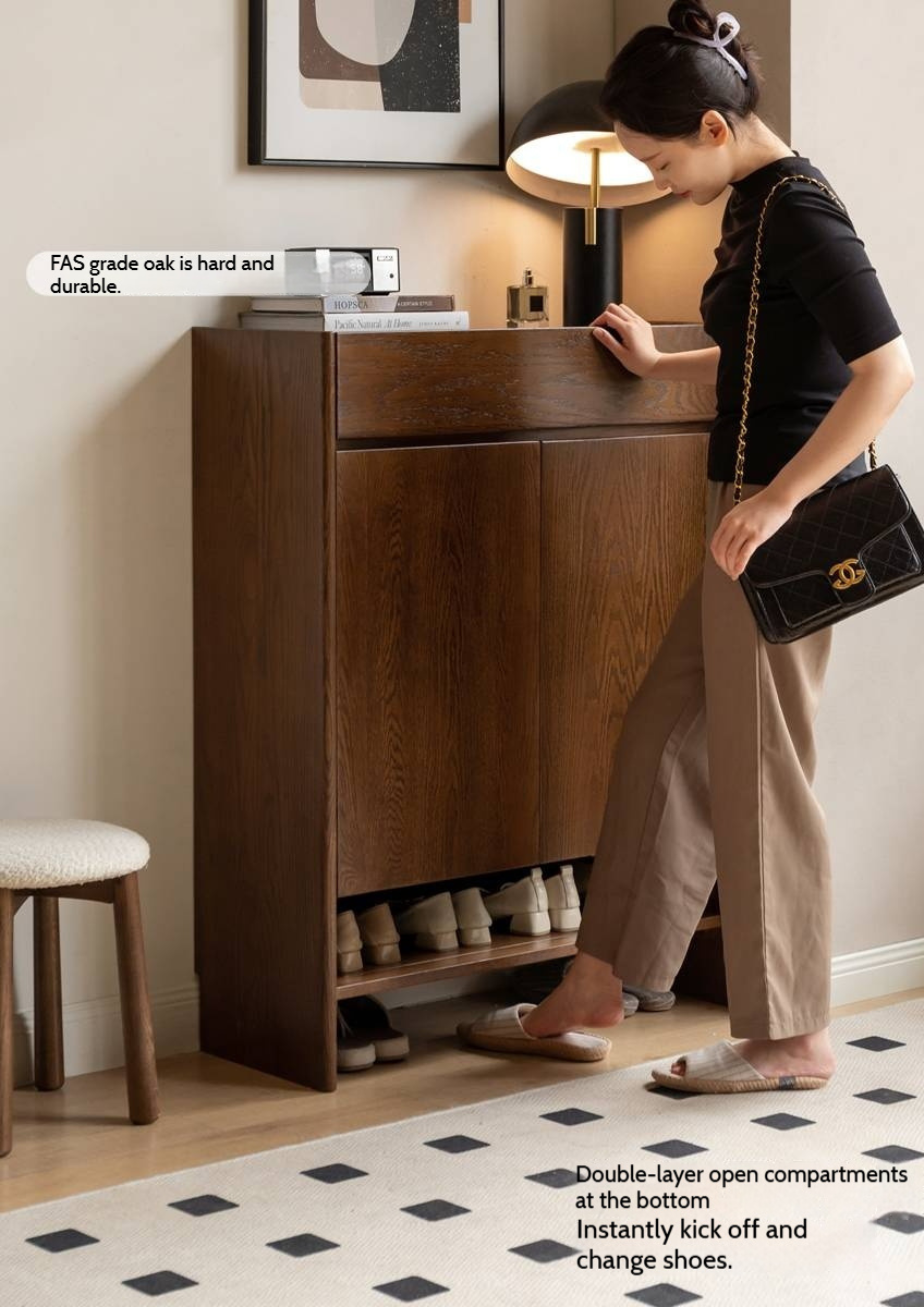 Oak Solid Wood Rock Plate Shoe Cabinet