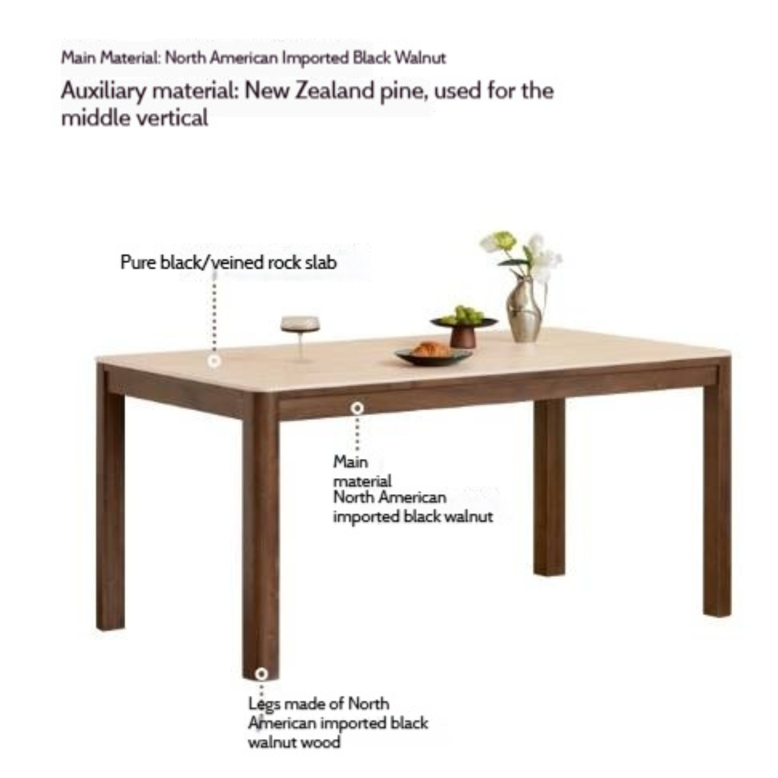 Black Walnut Solid Wood Light Luxury Style Rock Plate Dining Table