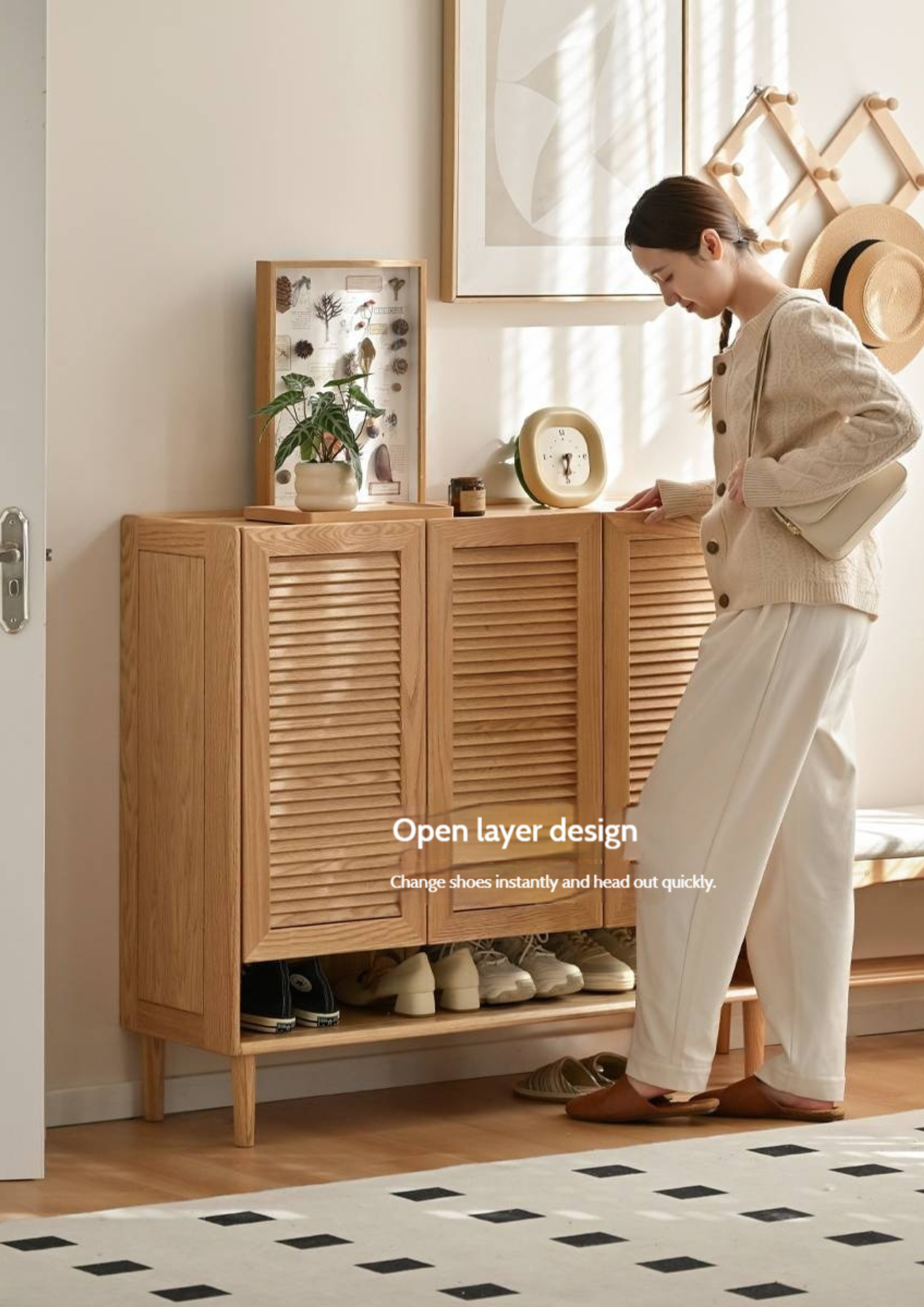 Oak, Solid Rubber Wood Modern Shoe Cabinet