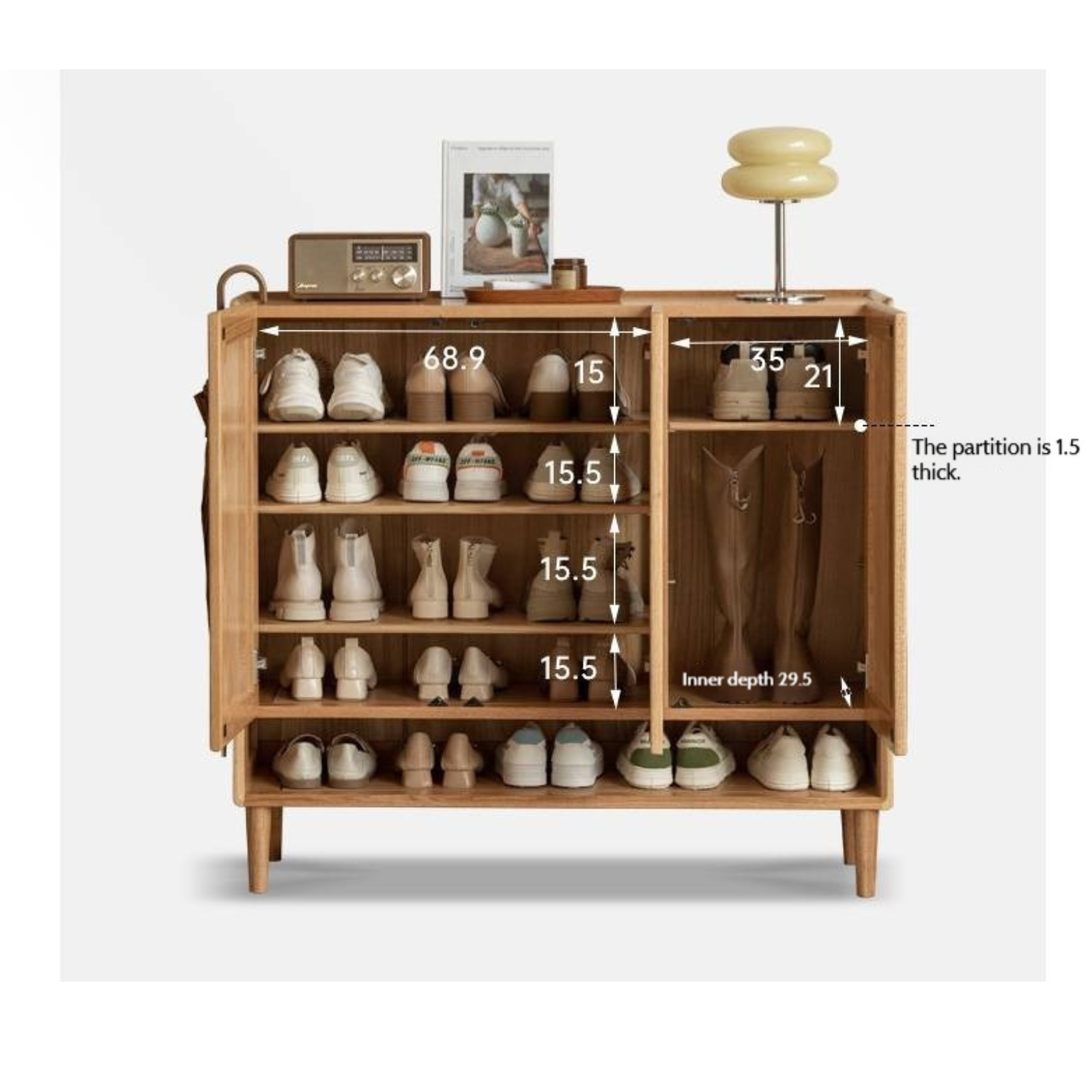 Oak, Solid Rubber Wood Shoe Cabinet