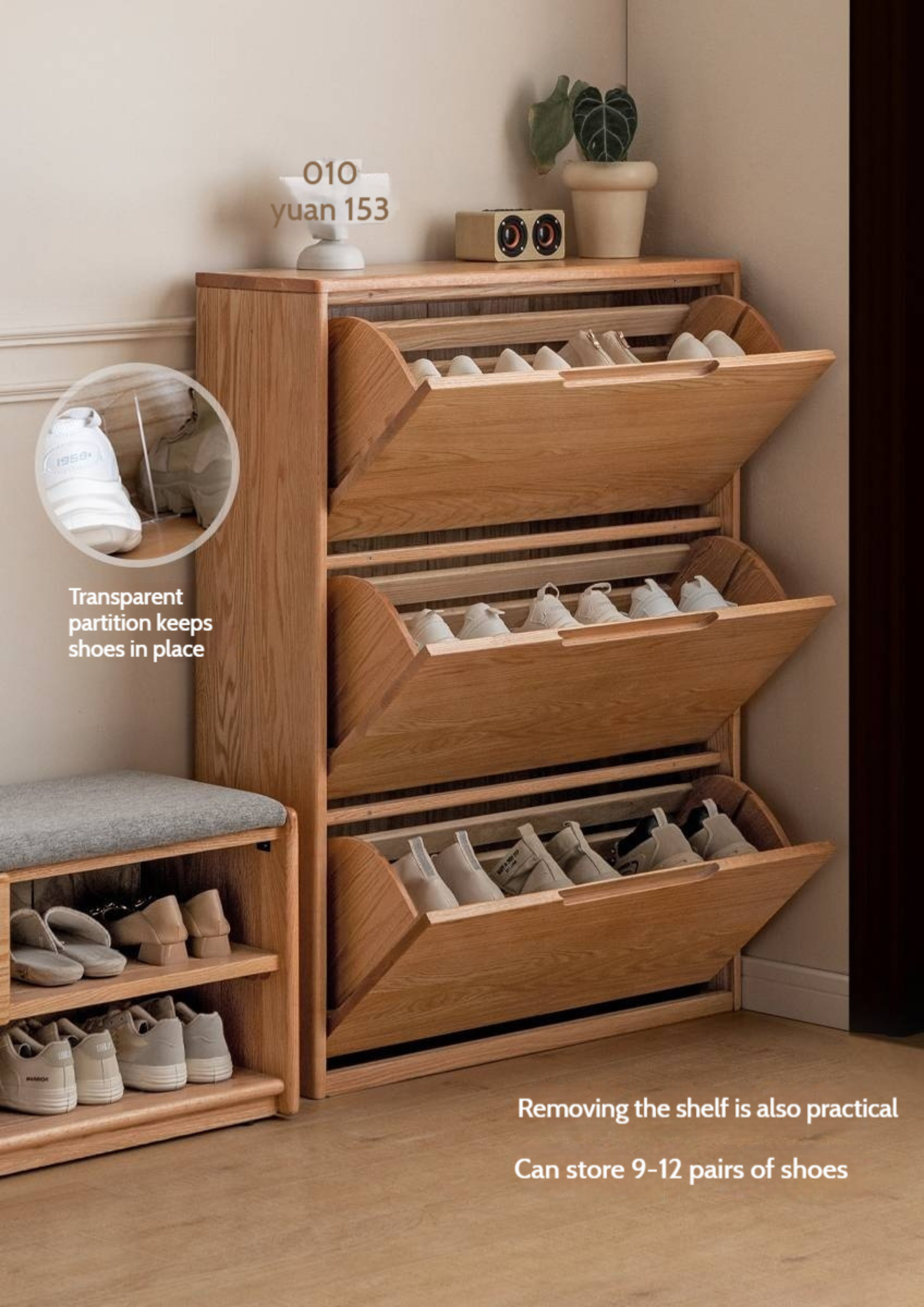 Oak, Poplar Solid Wood Ultra Thin Shoe Cabinet