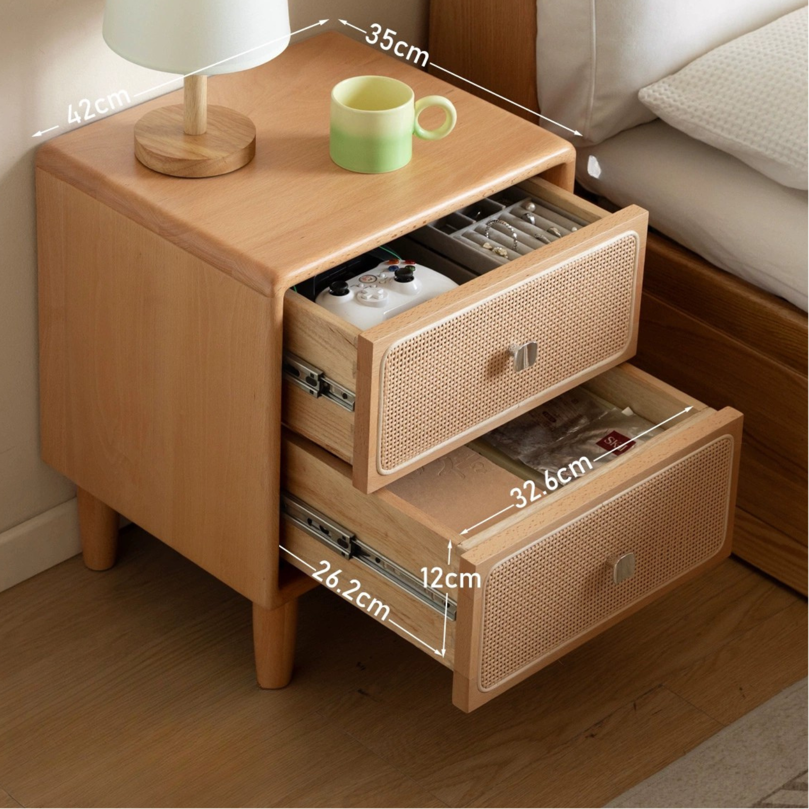 Beech Solid Wood Rattan Log Style Nightstand
