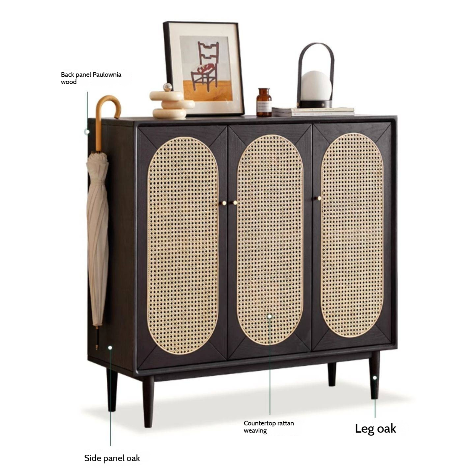 Oak Solid Wood Black Rattan Shoe Cabinet