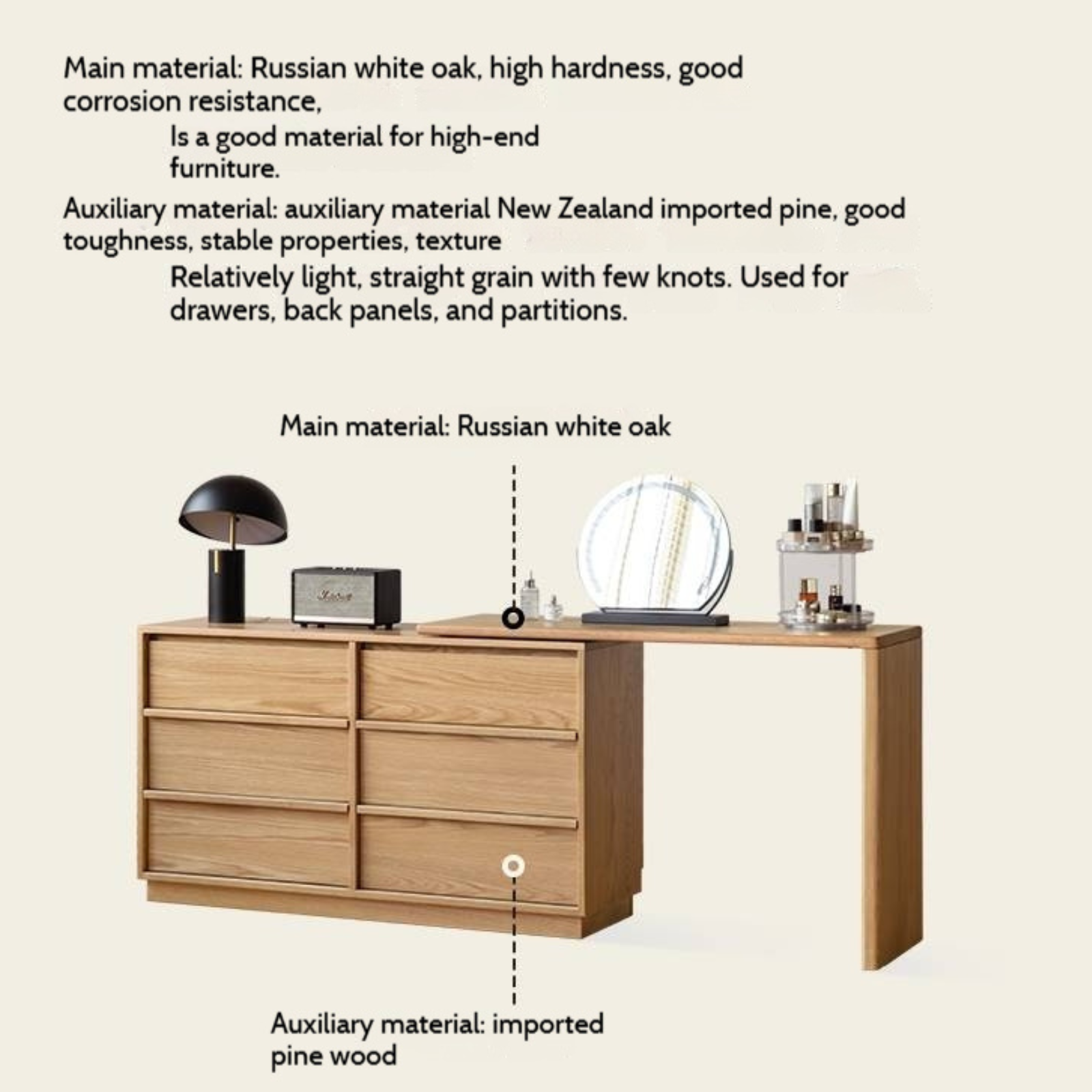 Oak Solid Wood Rotating Skeleton Dressing Table