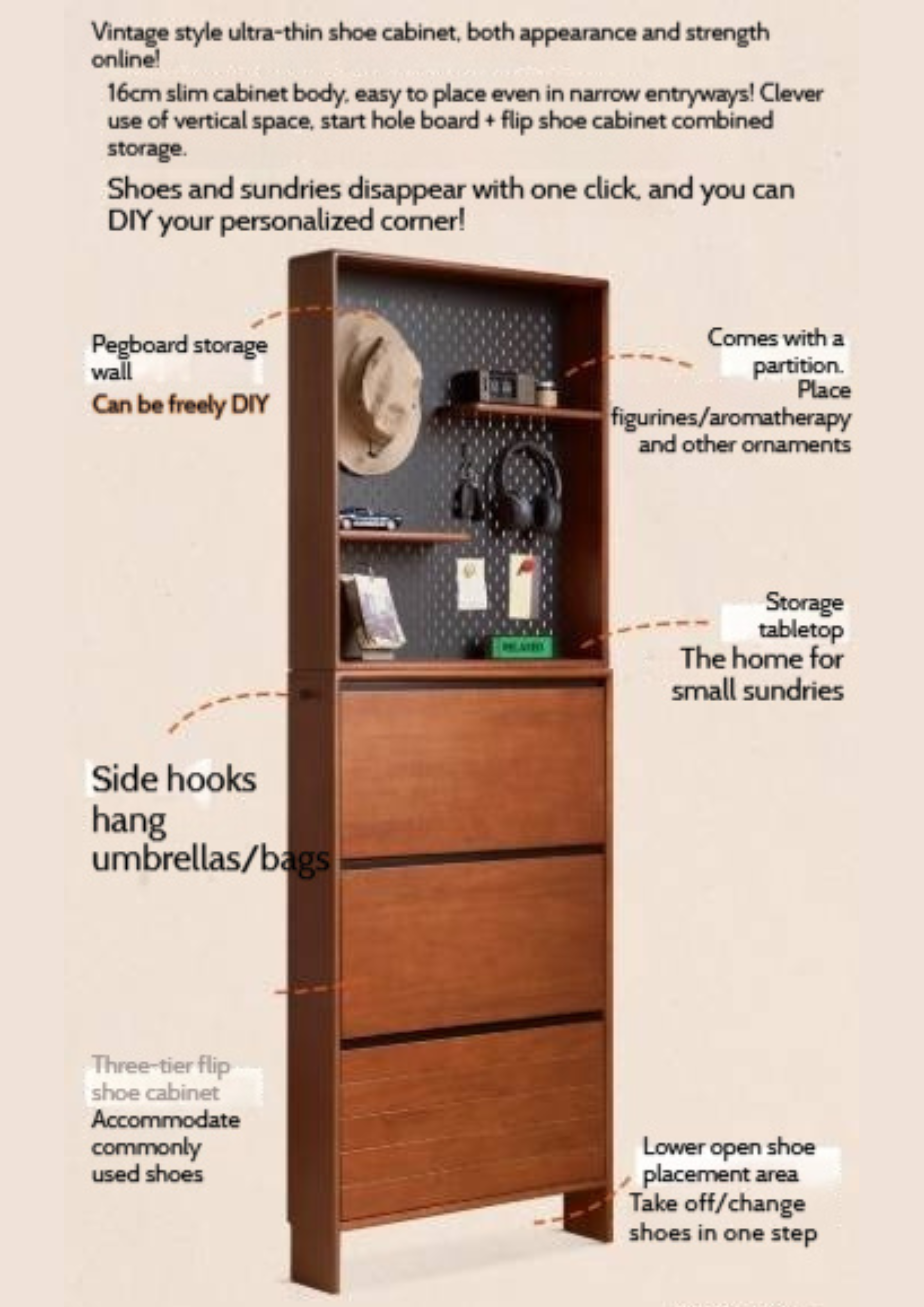 Poplar Solid Wood Middle-Age Ultra-Thin Shoe Cabinet