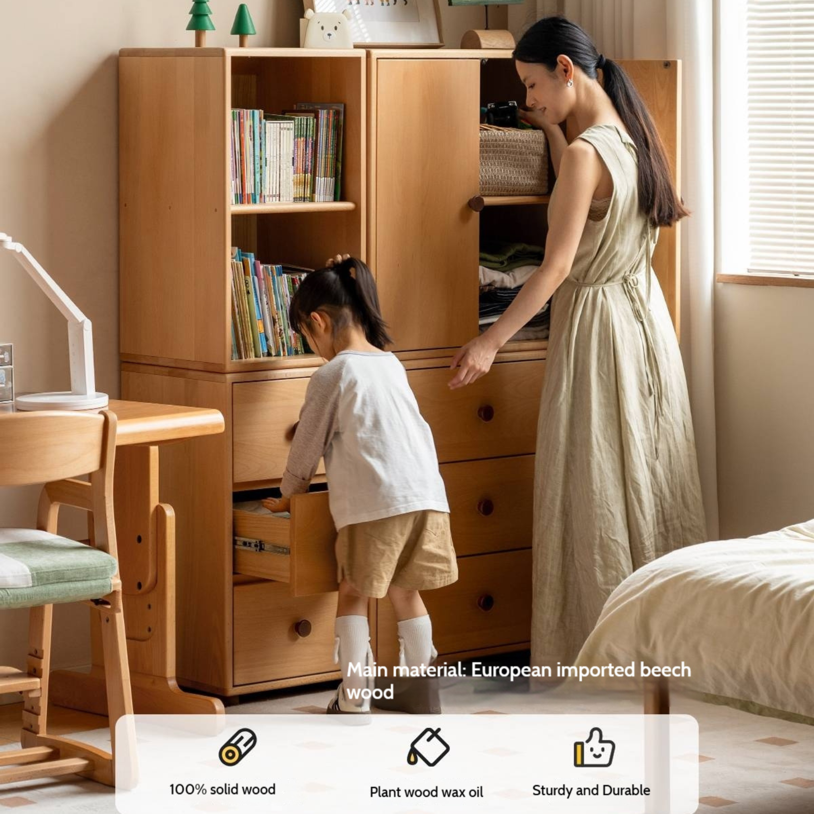 Solid Rubber Wood, Beech Solid Wood Nordic Style Children's Chest of Drawers