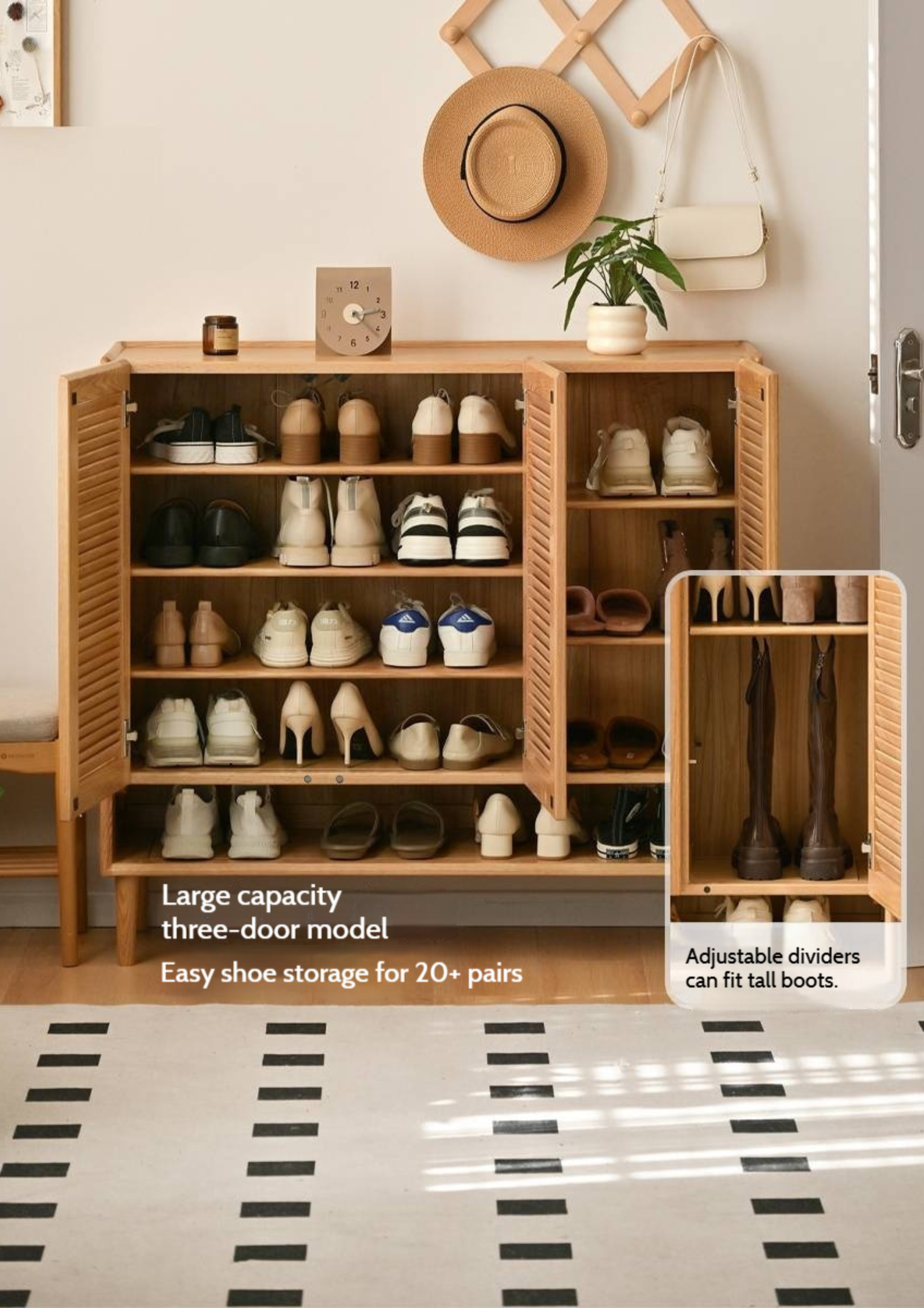 Oak, Solid Rubber Wood Modern Shoe Cabinet