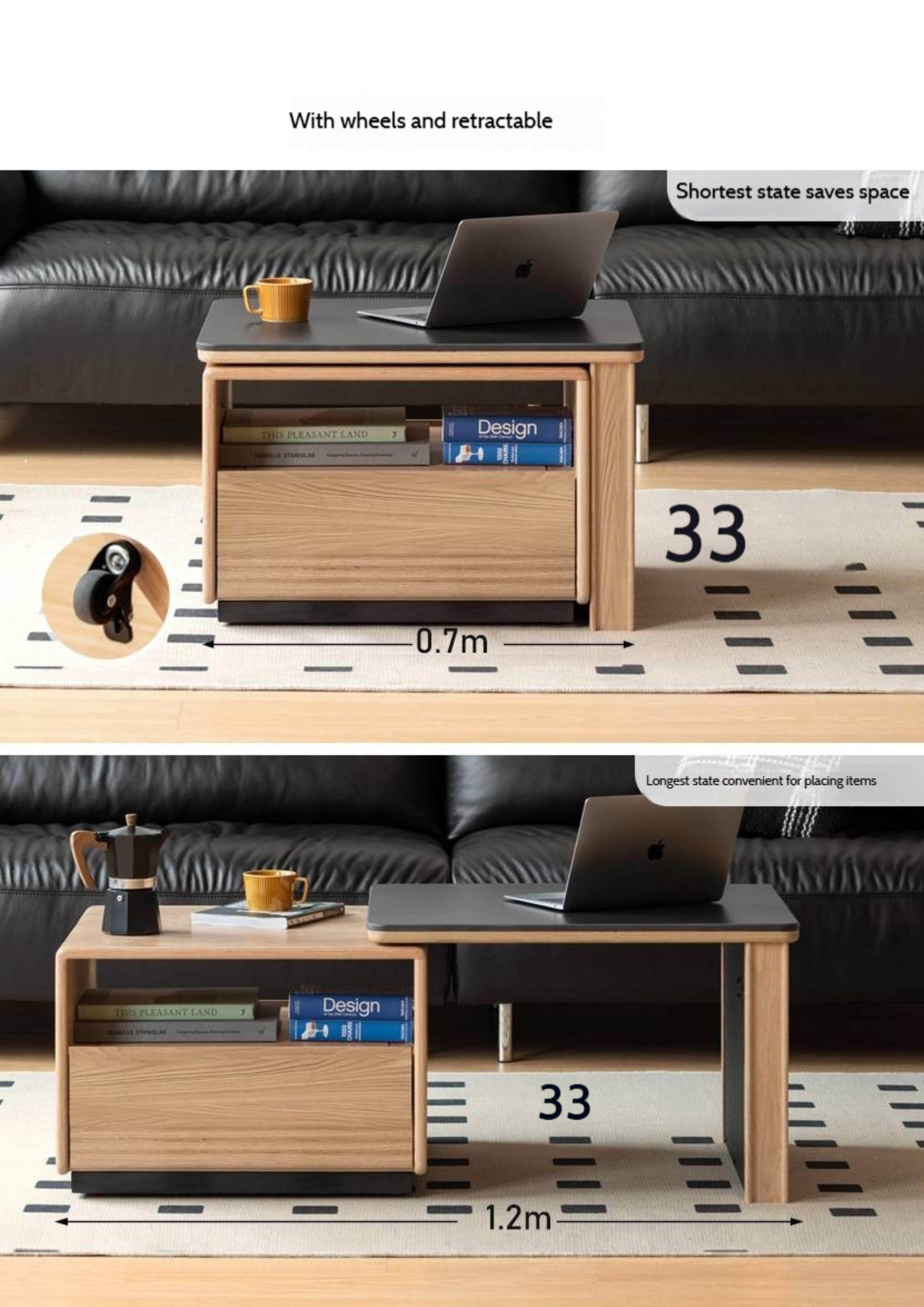 Beech Solid Wood Removable Rock Plate Telescopic Tea Table