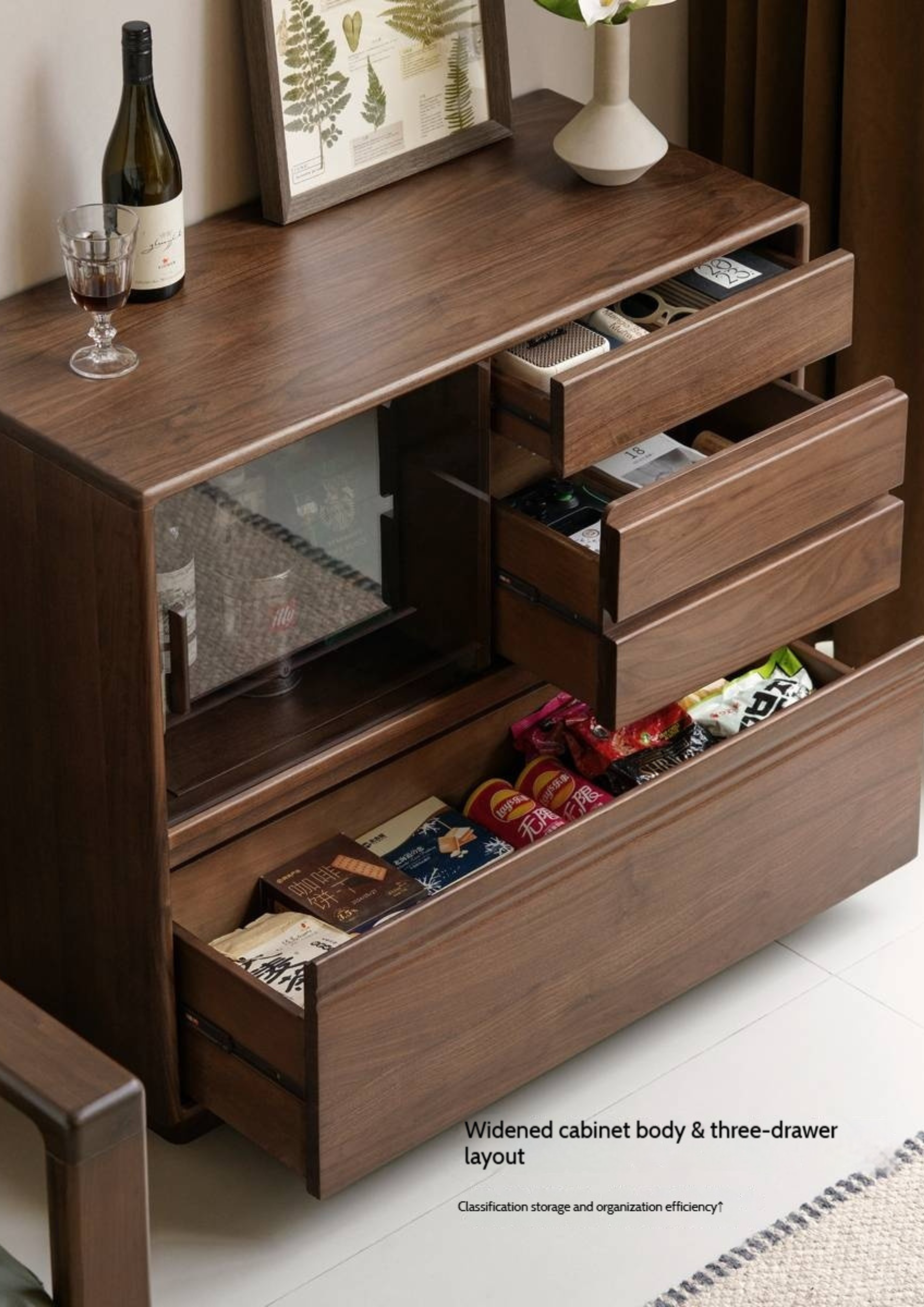 Black Walnut Solid Wood Modern Side Cabinet.