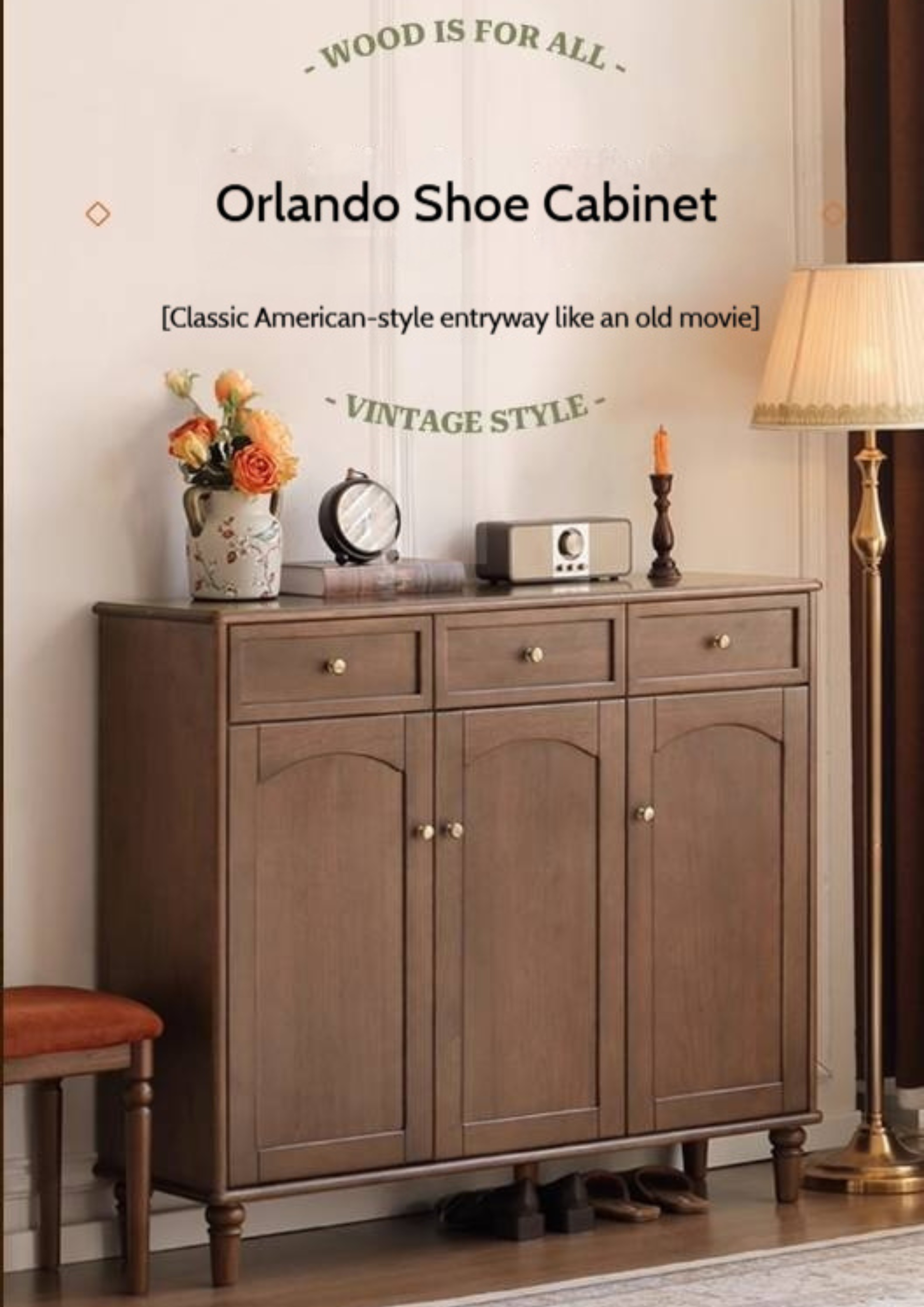 Sandalwood Solid Wood American Retro Storage Shoe Cabinet.