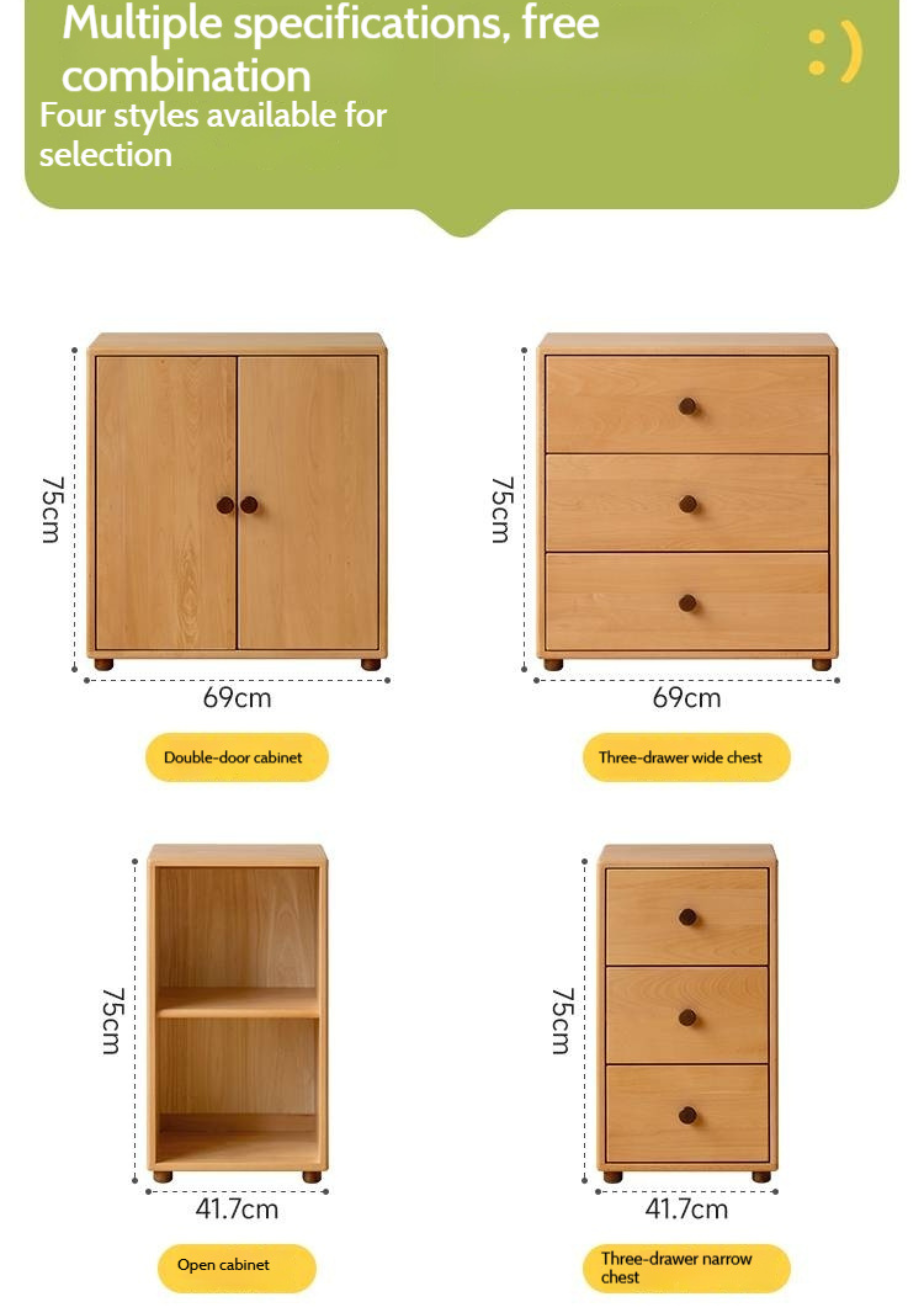 Solid Rubber Wood, Beech Solid Wood Nordic Style Children's Chest of Drawers