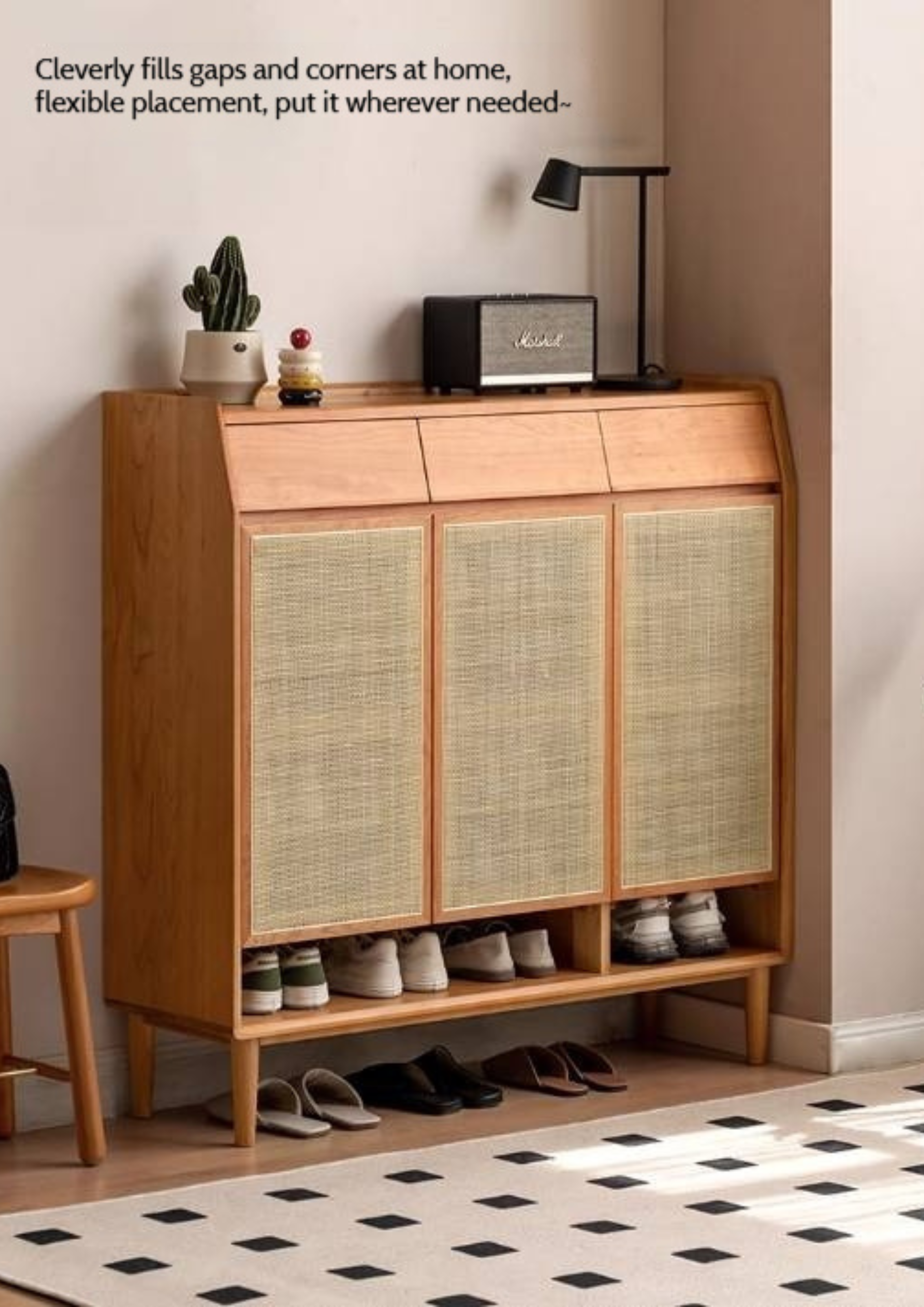 Сherry, Oak Solid Wood Rattan Locker Shoe Cabinet