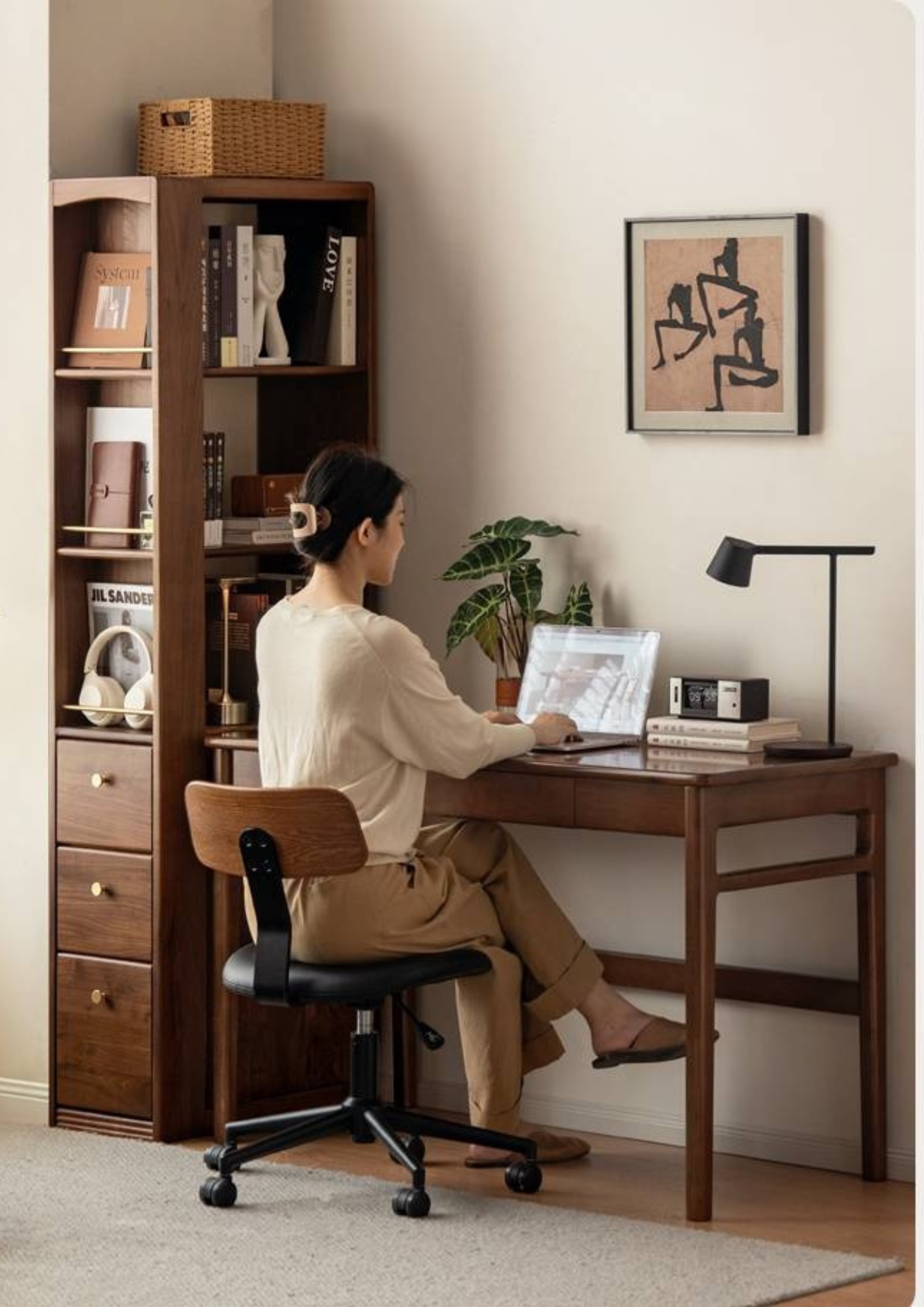 Black Walnut, Oak Solid Wood Narrow Bookcase