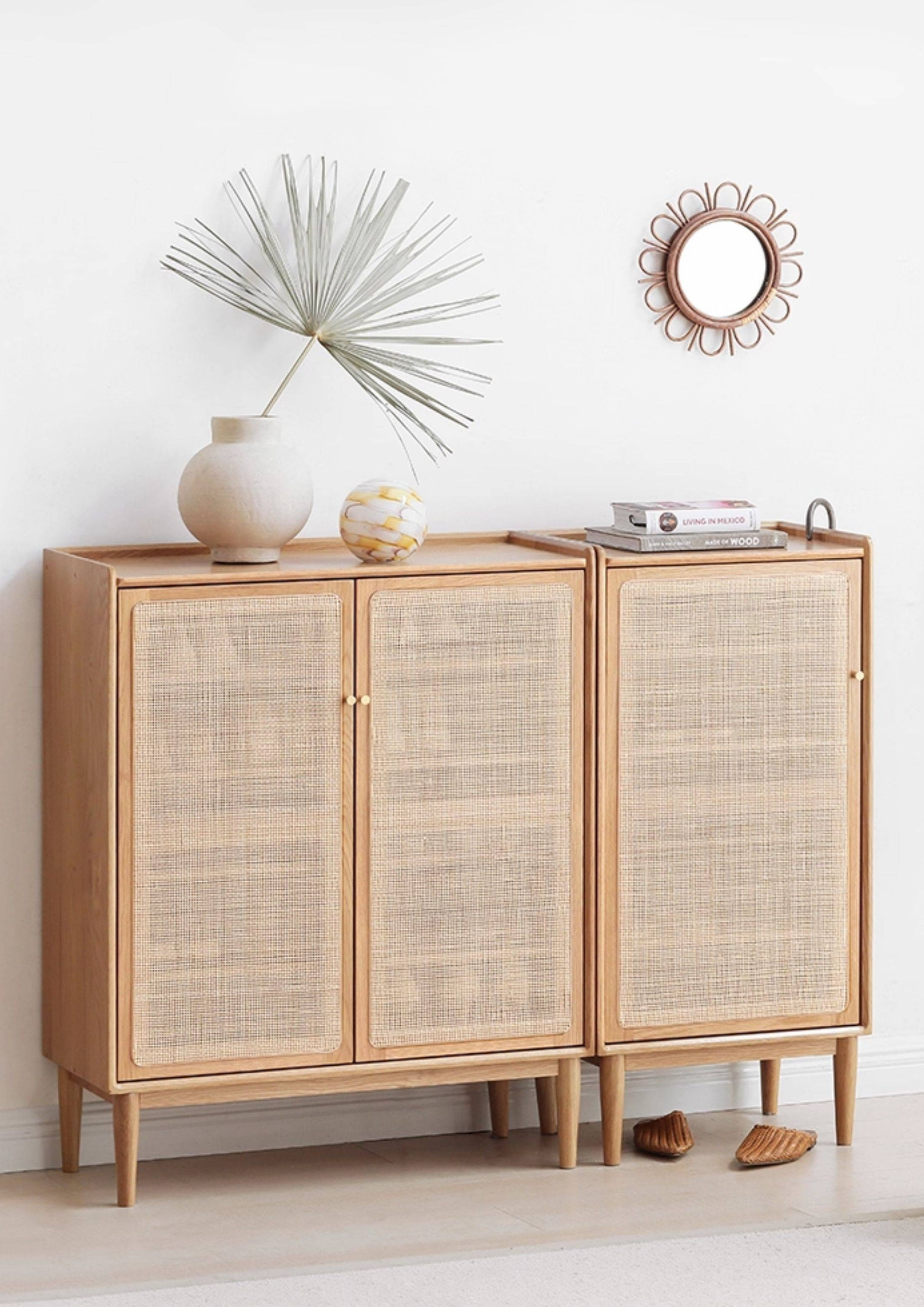 Oak Solid Wood Shoe Cabinet Storage Rattan
