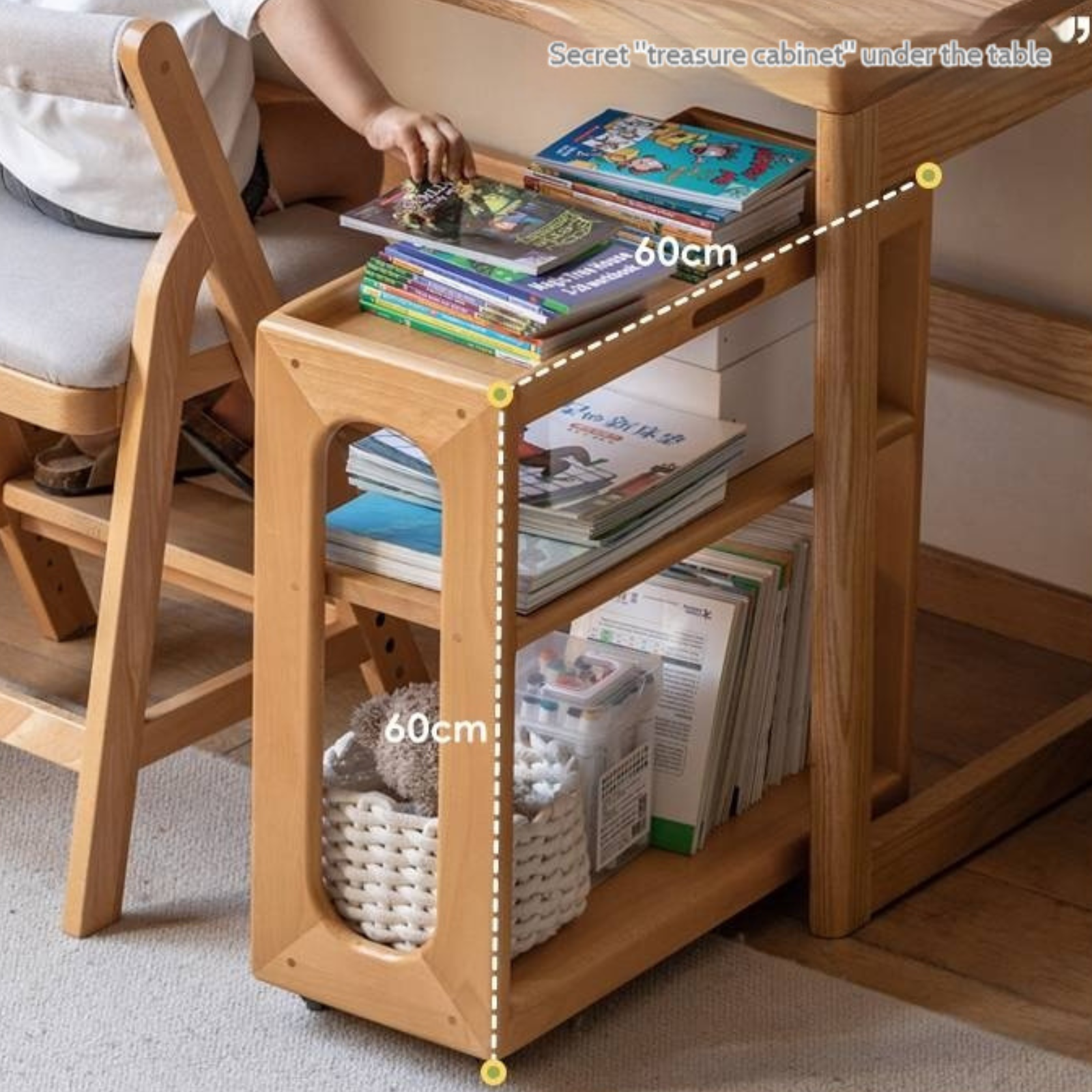 Beech Solid Wood Movable Children's Montessori Under-Table Bookshelf with Wheels