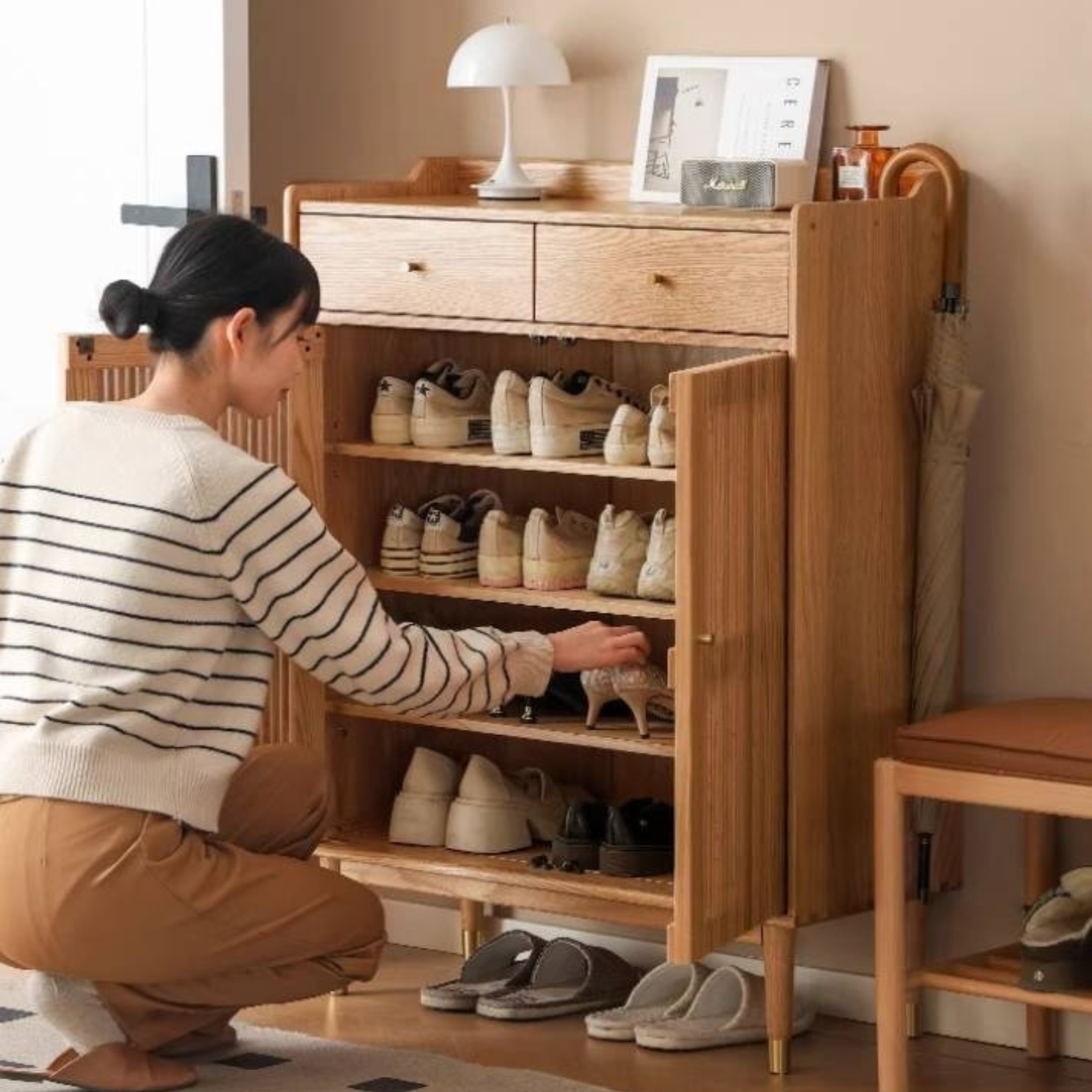 Oak Modern Nordic Shoe Cabinet.