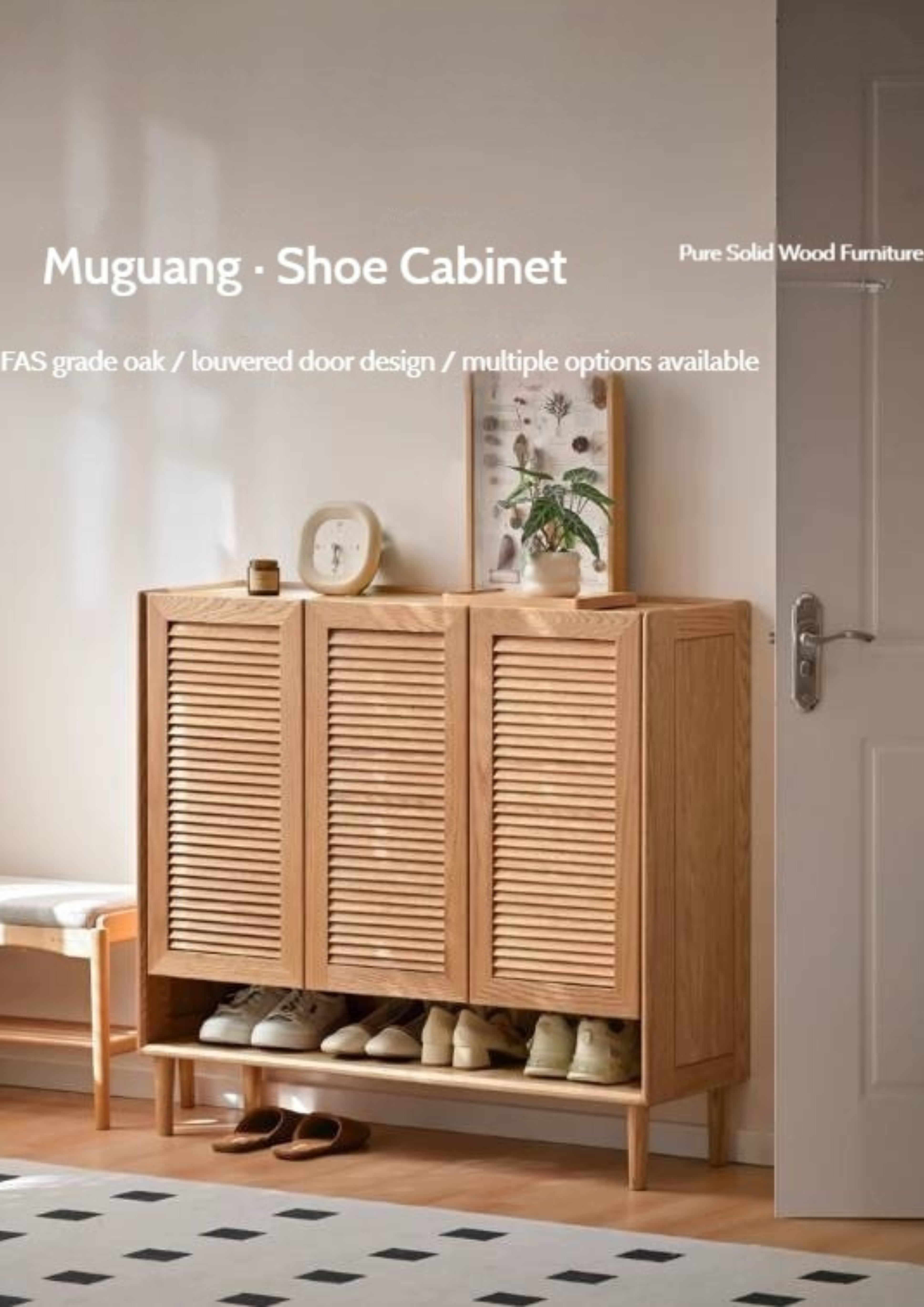 Oak, Solid Rubber Wood Modern Shoe Cabinet