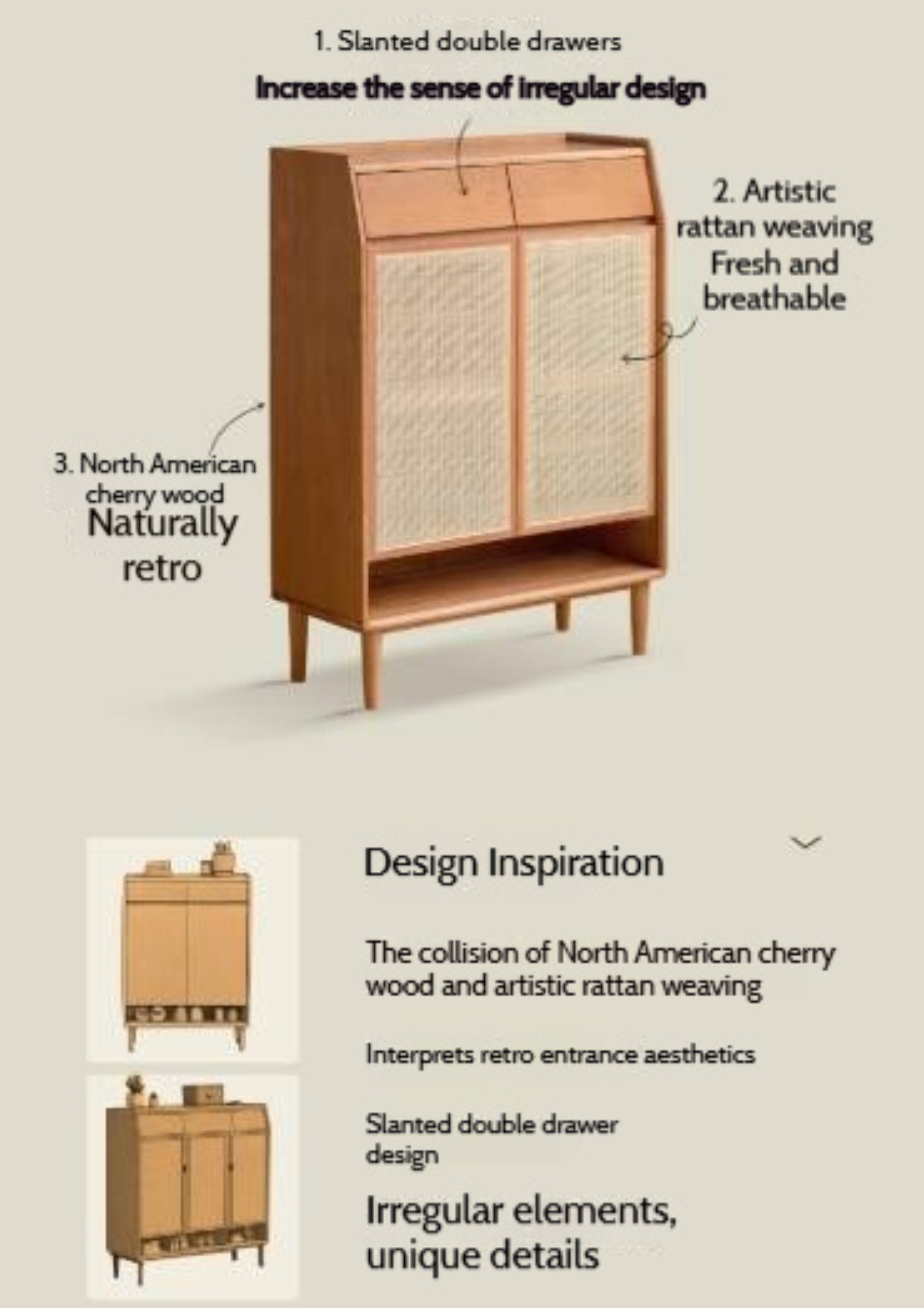 Сherry, Oak Solid Wood Rattan Locker Shoe Cabinet