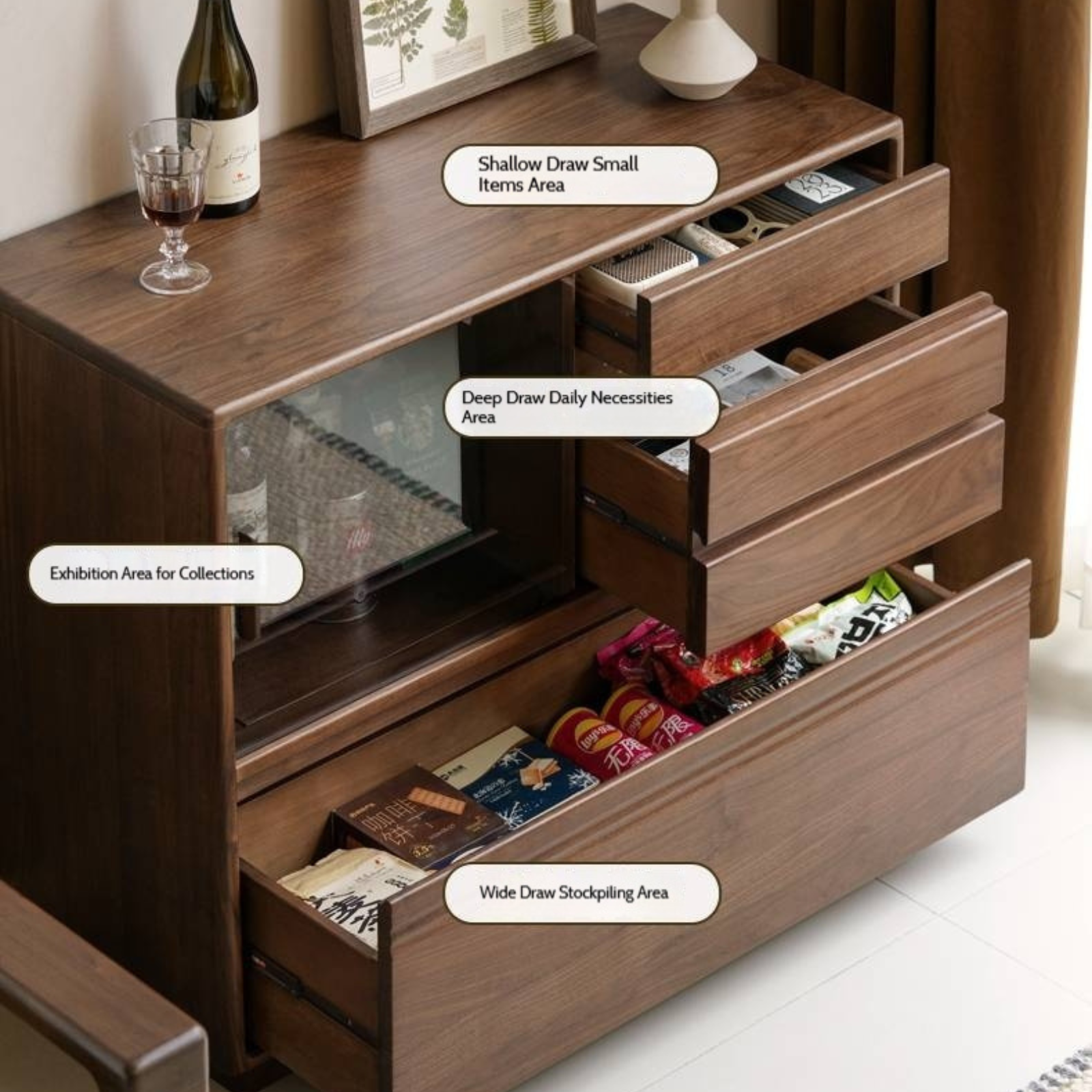 Black Walnut Solid Wood Modern Side Cabinet.