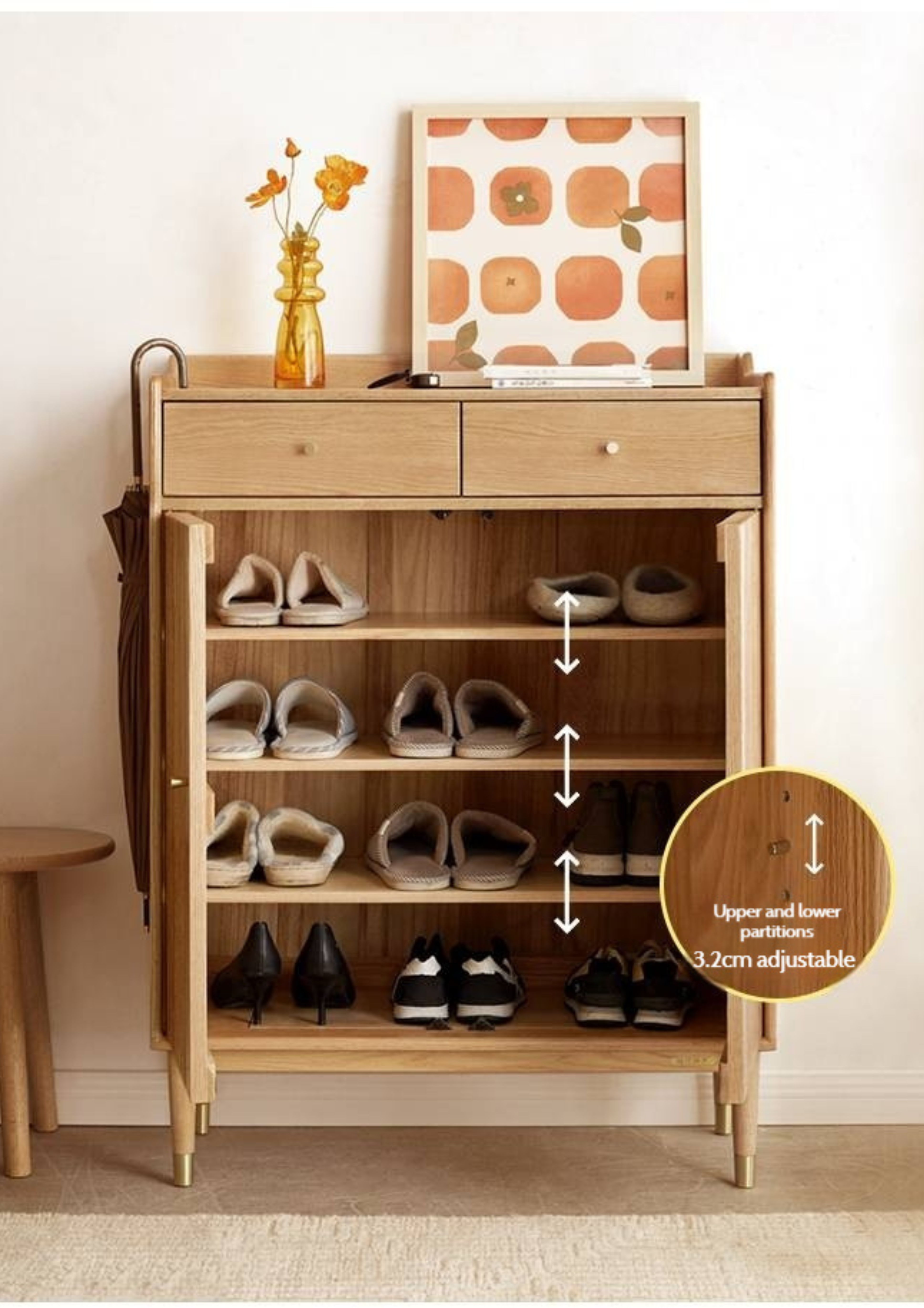 Oak Solid Wood Modern Nordic Storage Shoe Cabinet
