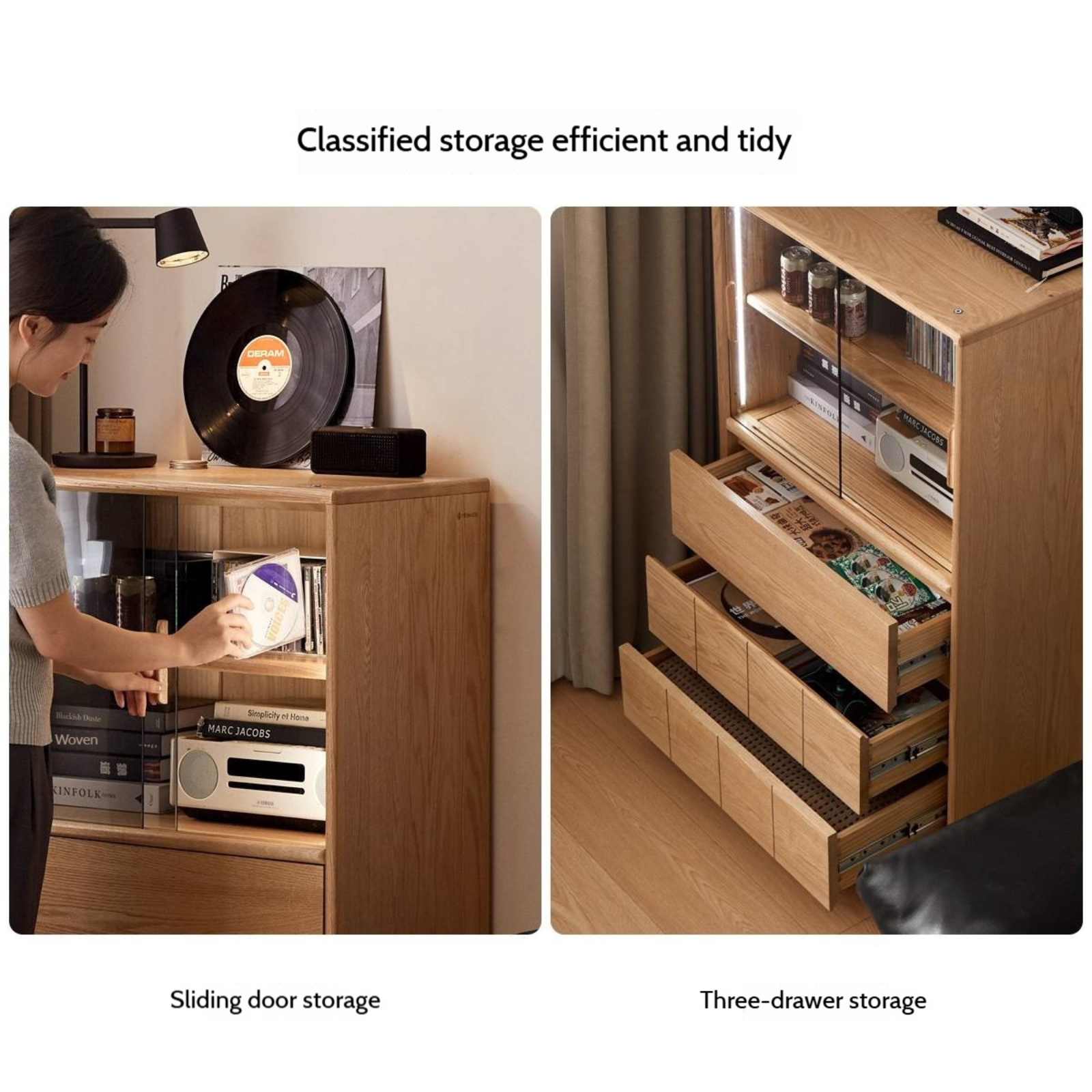 Oak Solid Wood Modern Side Cabinet with Light