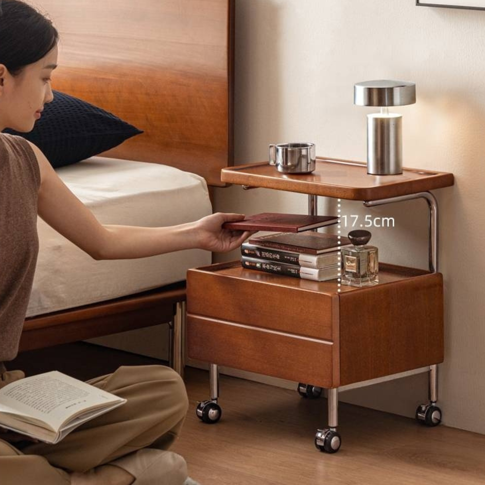 Poplar Solid Wood Vintage Style Mobile Nightstand