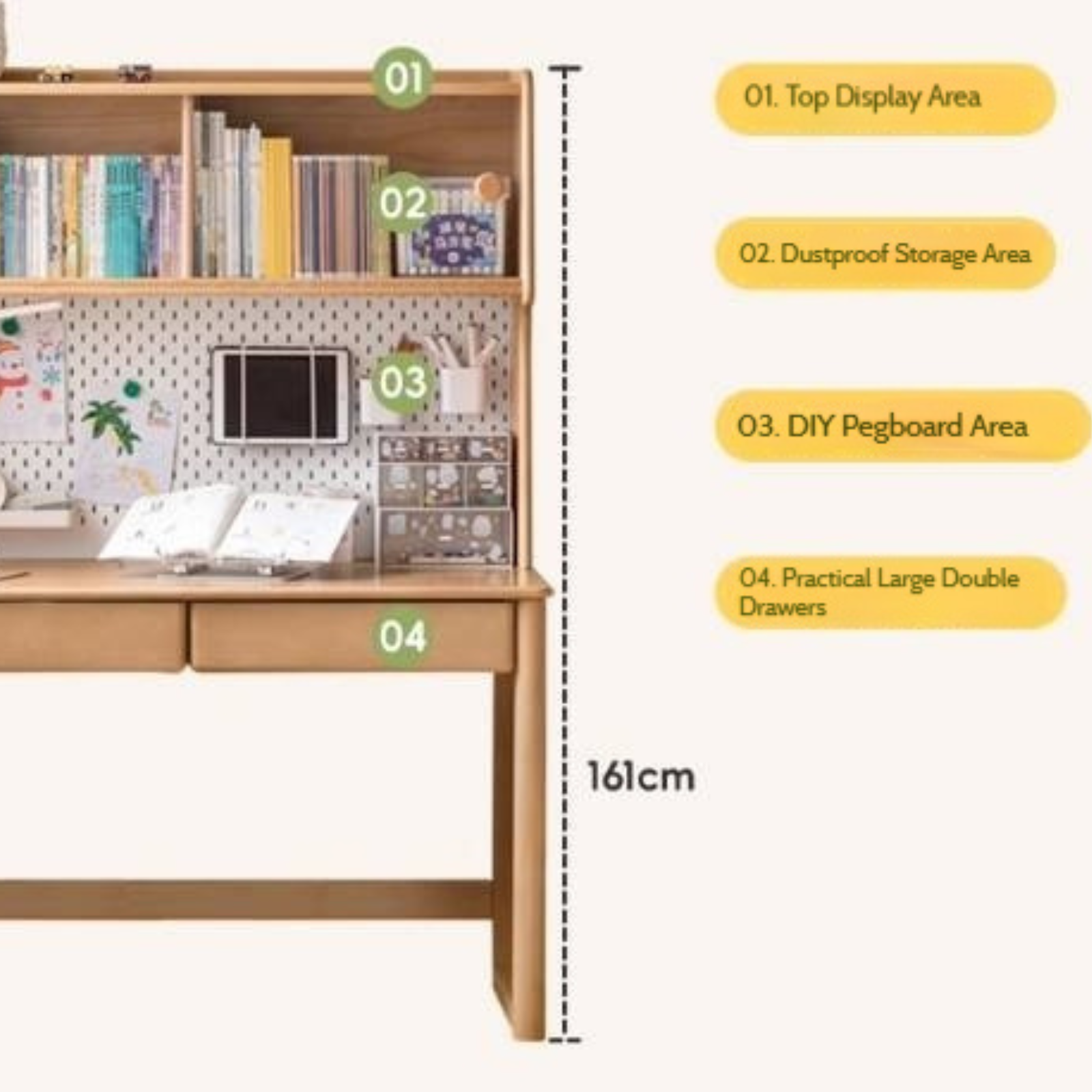 Beech Solid Wood Children's Study Desk Bookshelf Integrated