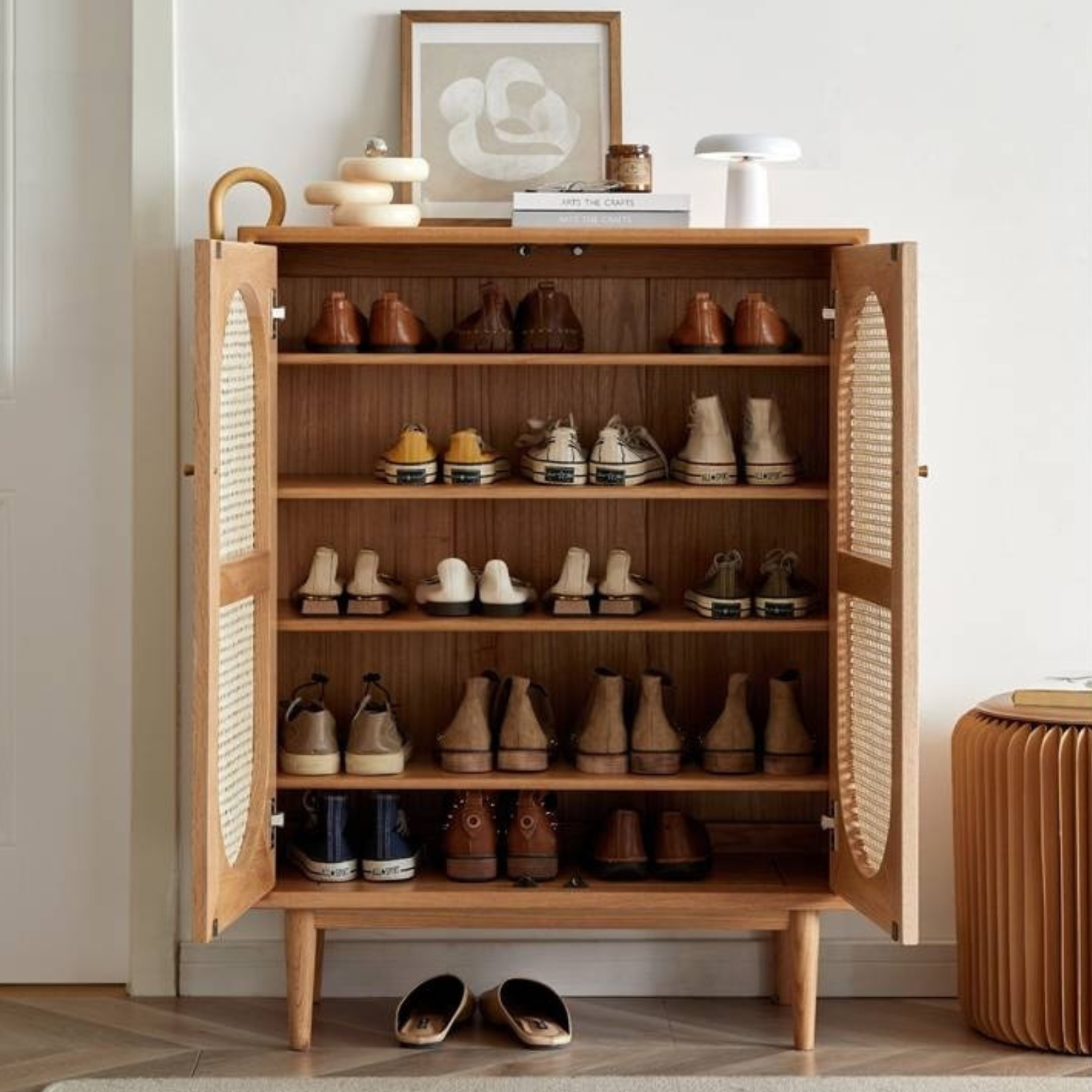 Oak Solid Wood Rattan Shoe Cabinet