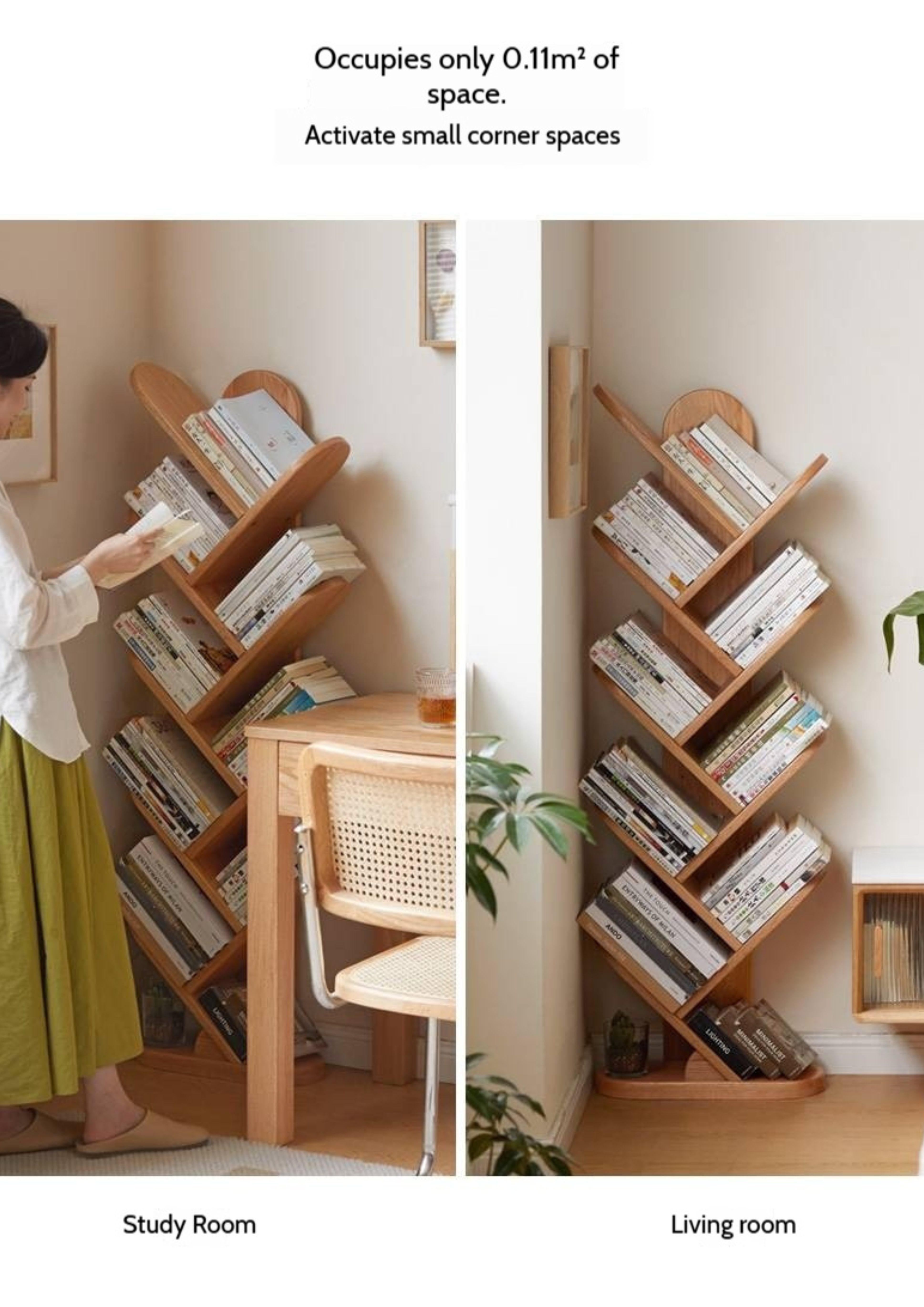 Oak, Cherry, Solid Rubberwood Multi-Layer Creative Corner Bookshelf