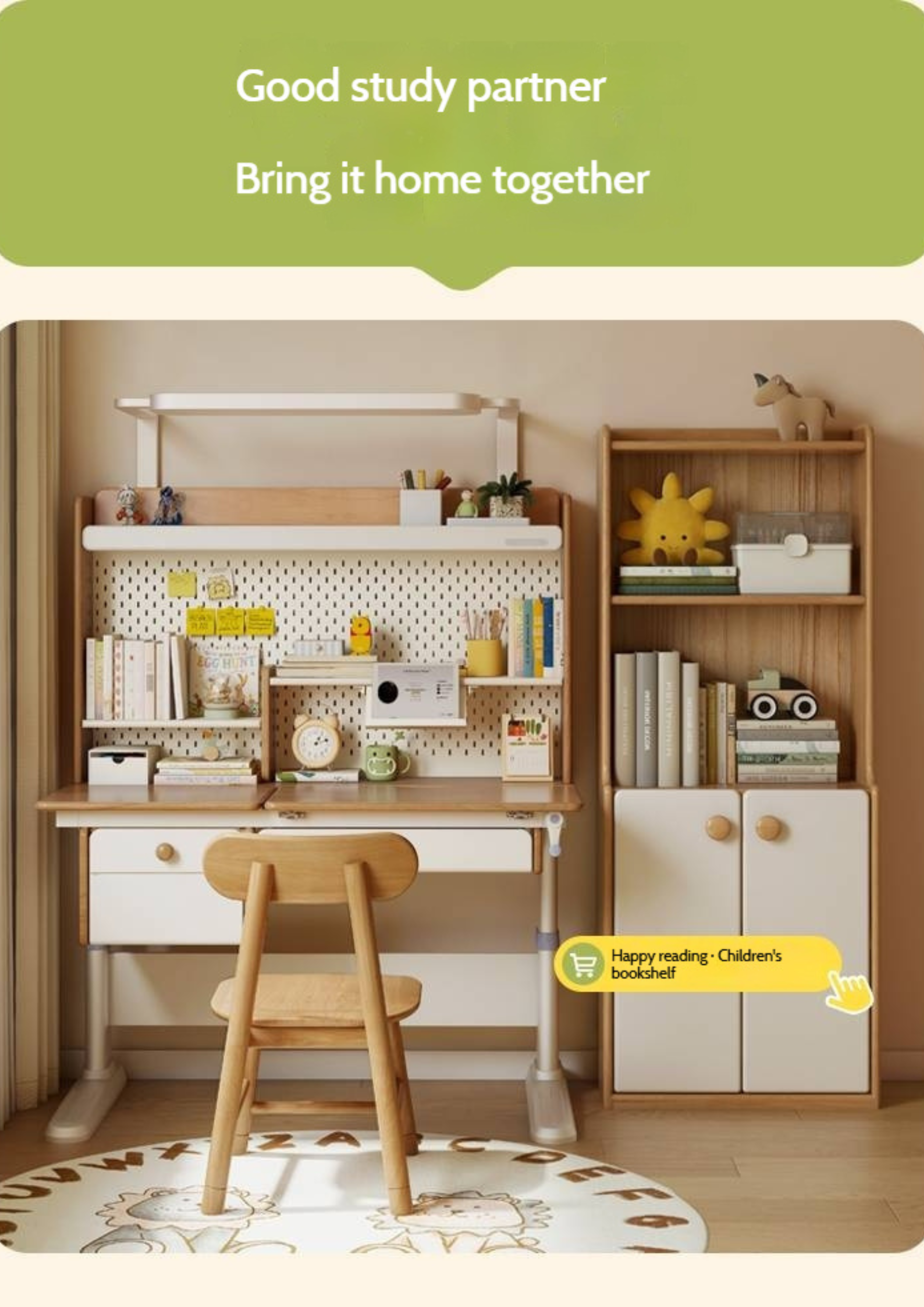 Beech Solid Wood Height Adjustable Children's Learning Desk with Eye-Protection Lamp