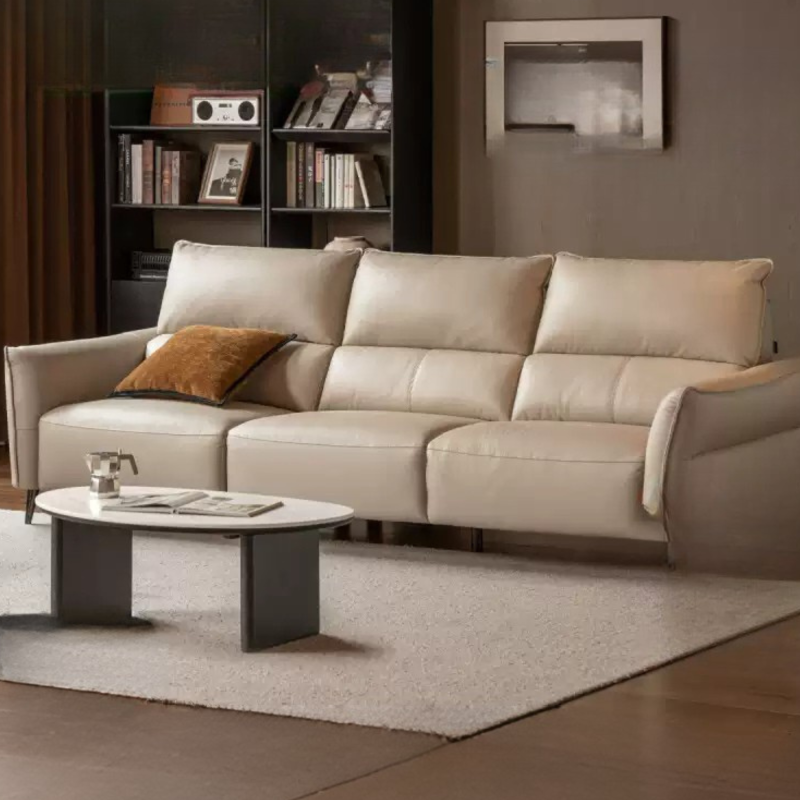 Genuine Top Grain Leather Modern Sofa, Clean Line Contemporary Design