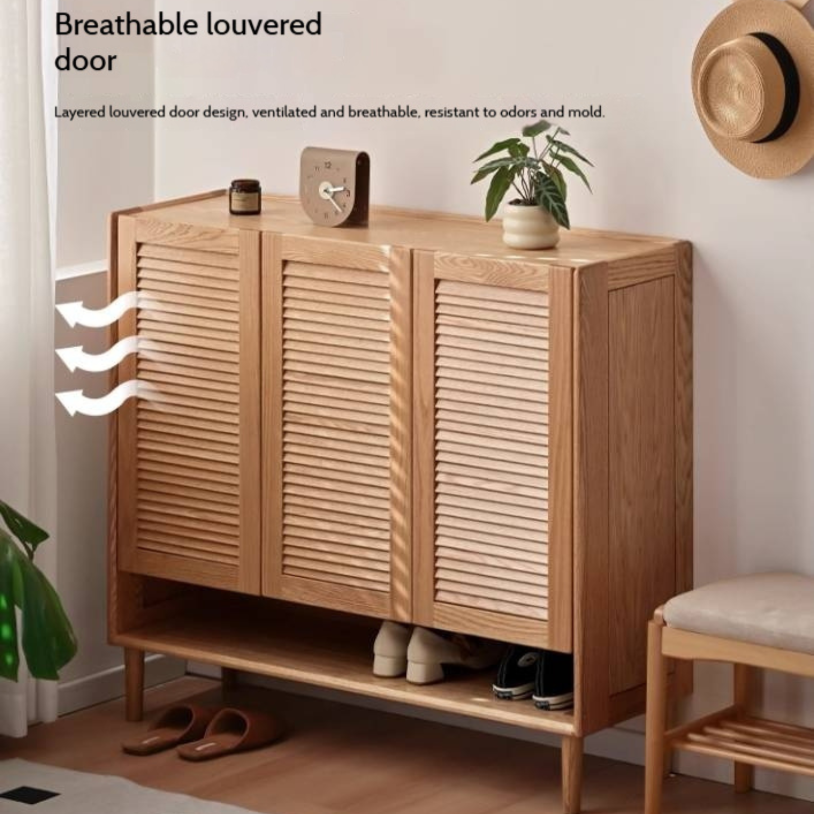 Oak, Solid Rubber Wood Modern Shoe Cabinet