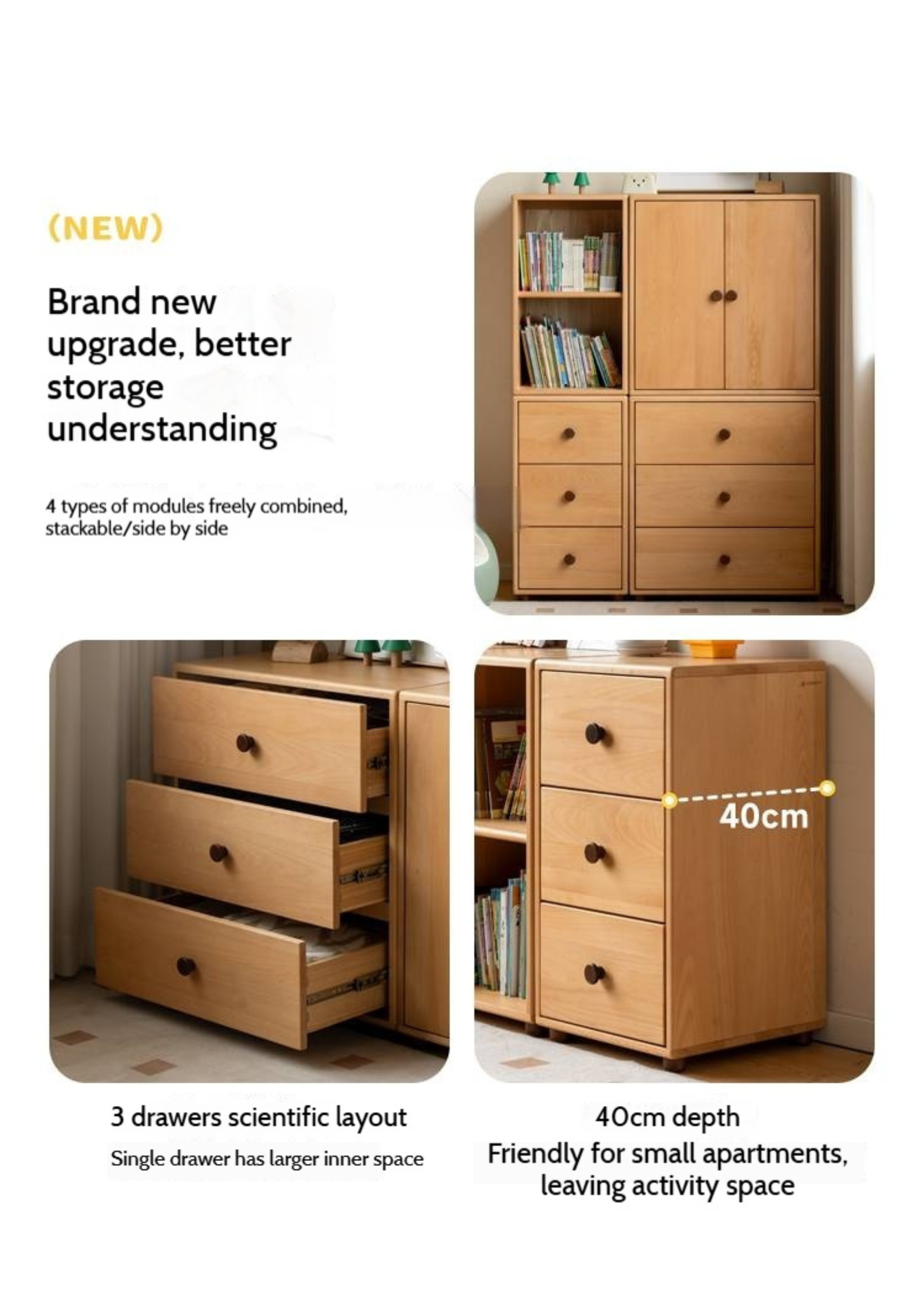 Solid Rubber Wood, Beech Solid Wood Nordic Style Children's Chest of Drawers