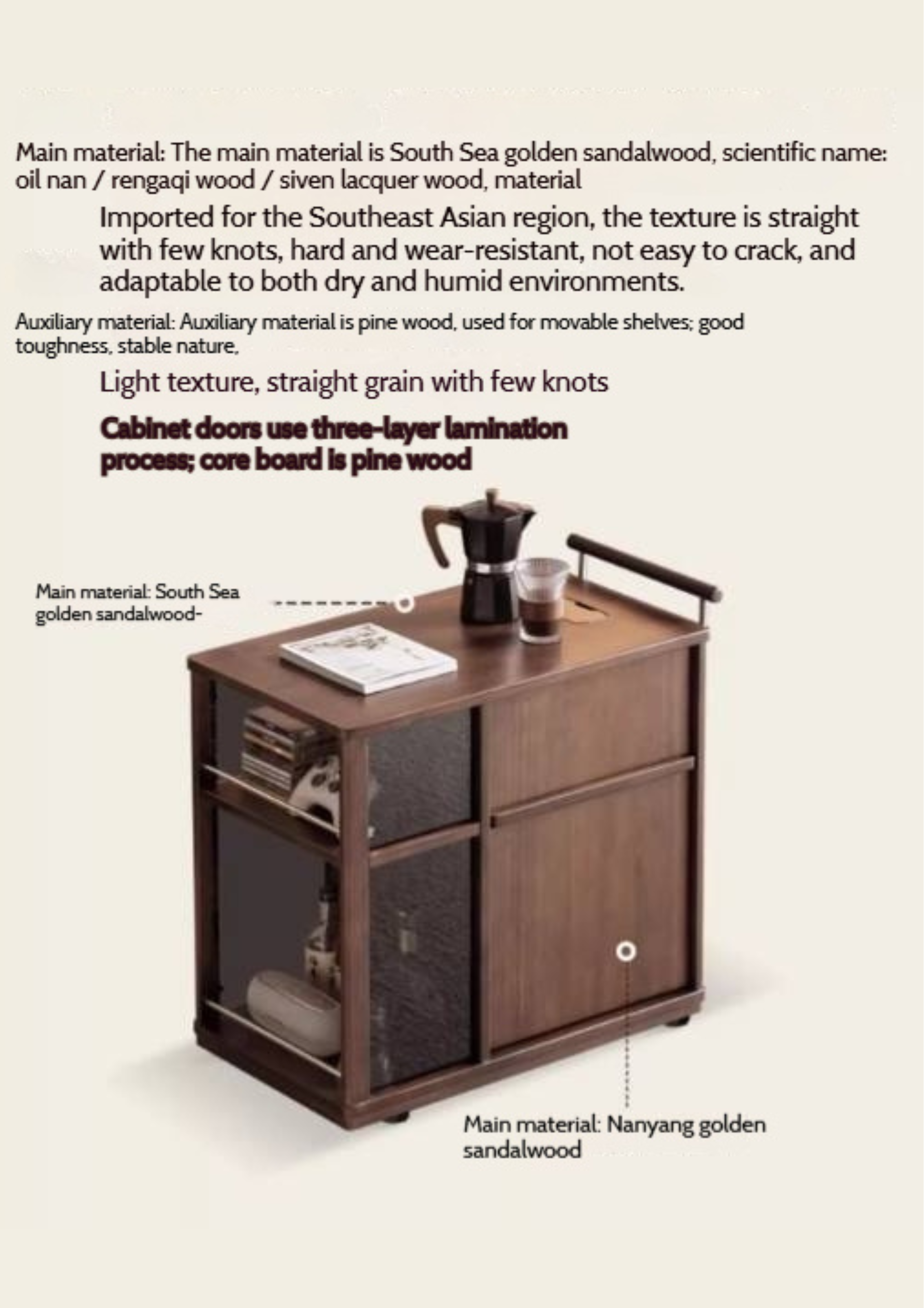 Sandalwood Italian Mobile Side Cabinet