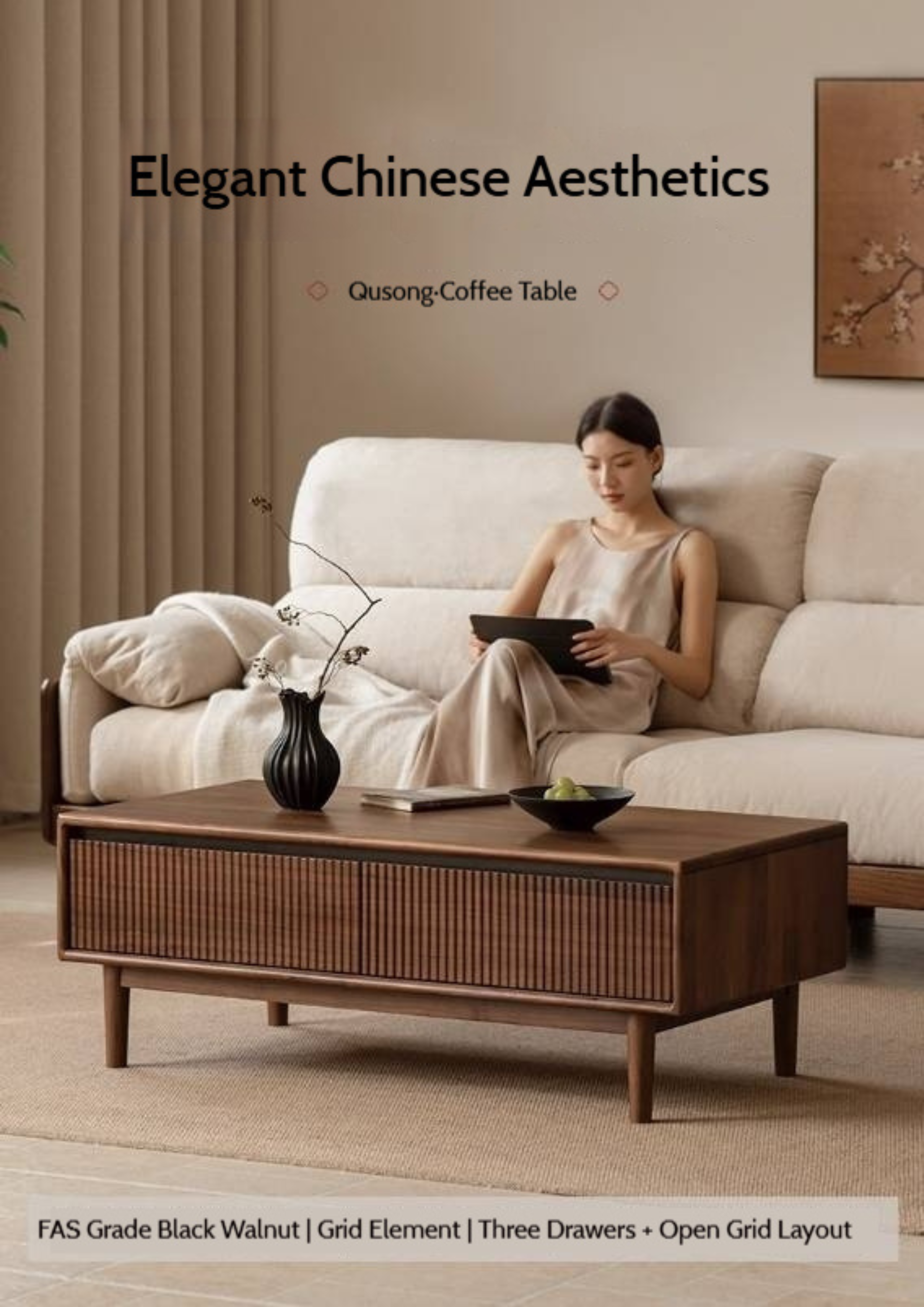 Black Walnut, Rosewood Solid Wood Italian Light Luxury Coffee Table