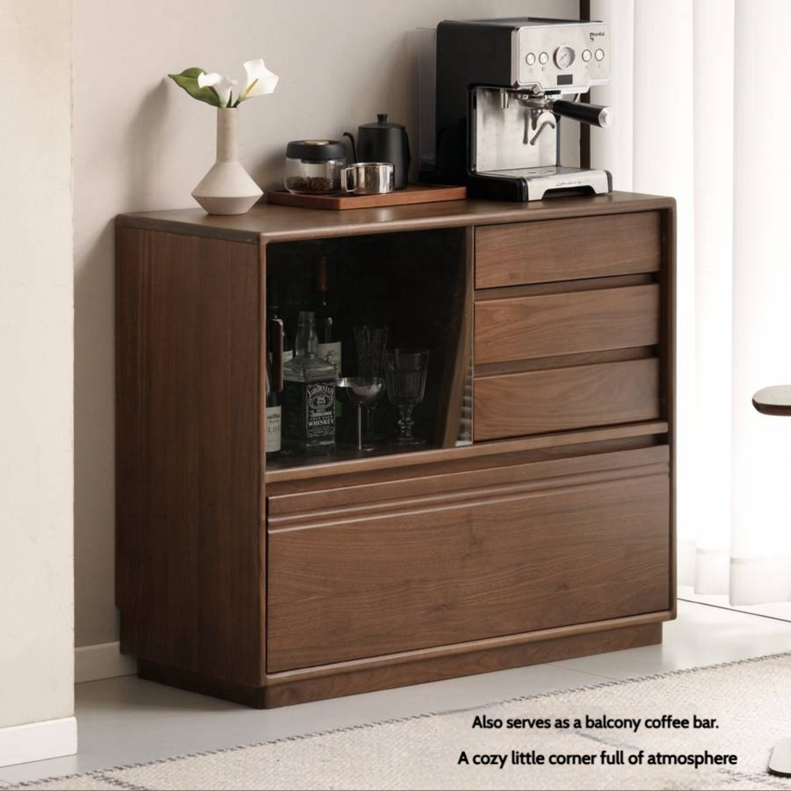 Black Walnut Solid Wood Modern Side Cabinet.