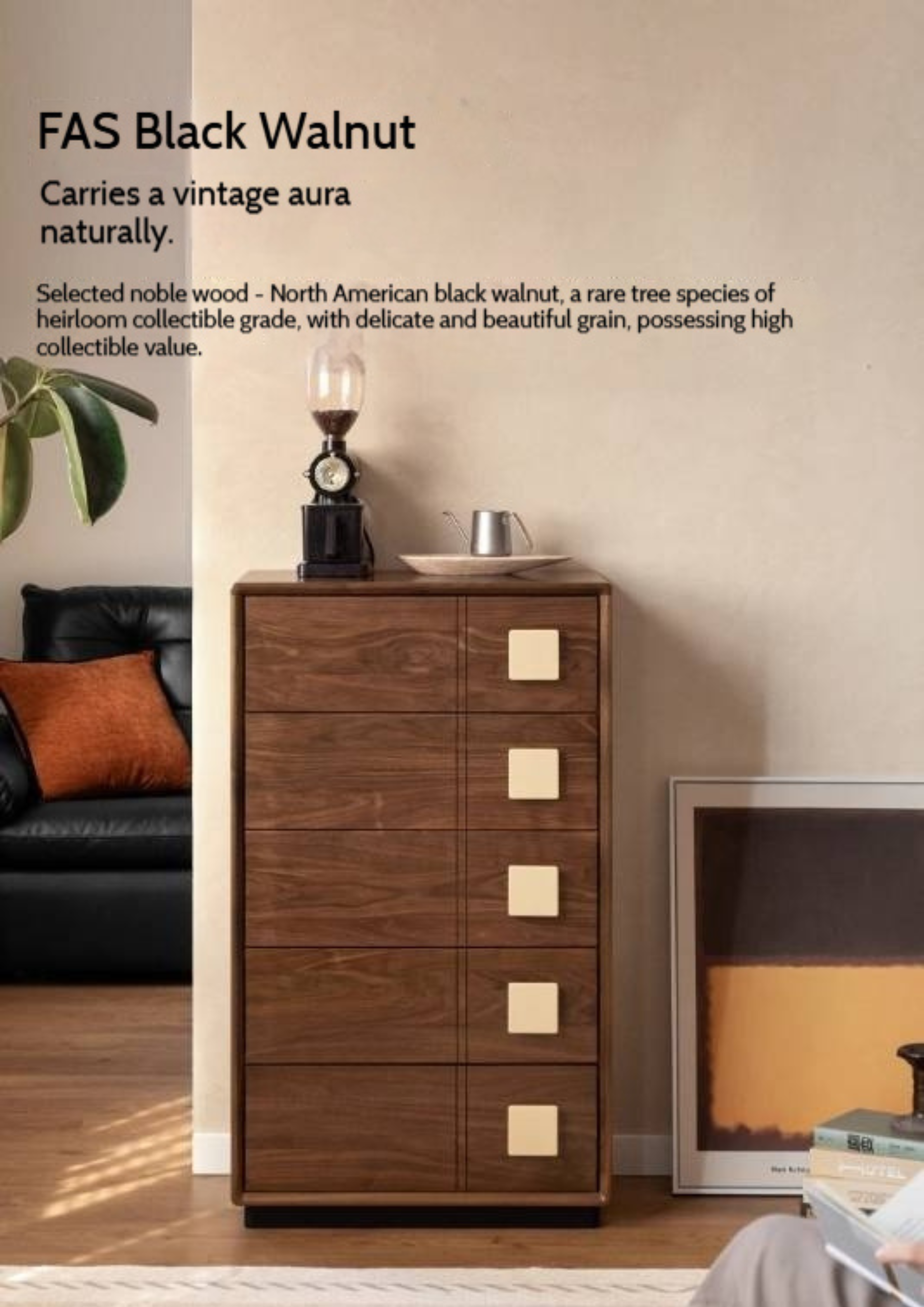 Black Walnut Solid Wood Retro Style Five-Drawer Chest