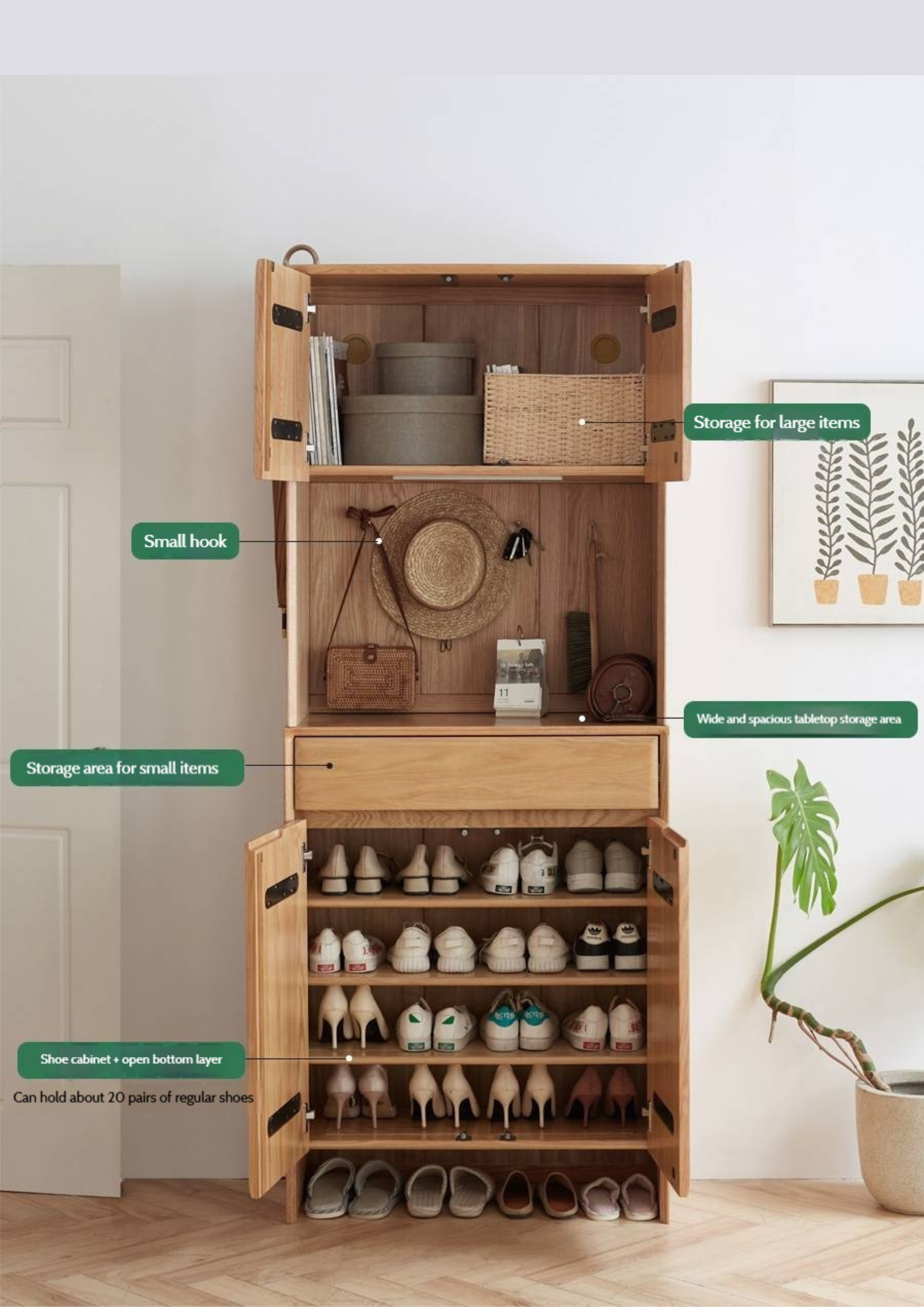 Oak Solid Wood Entrance Hall Cabinet Shoe