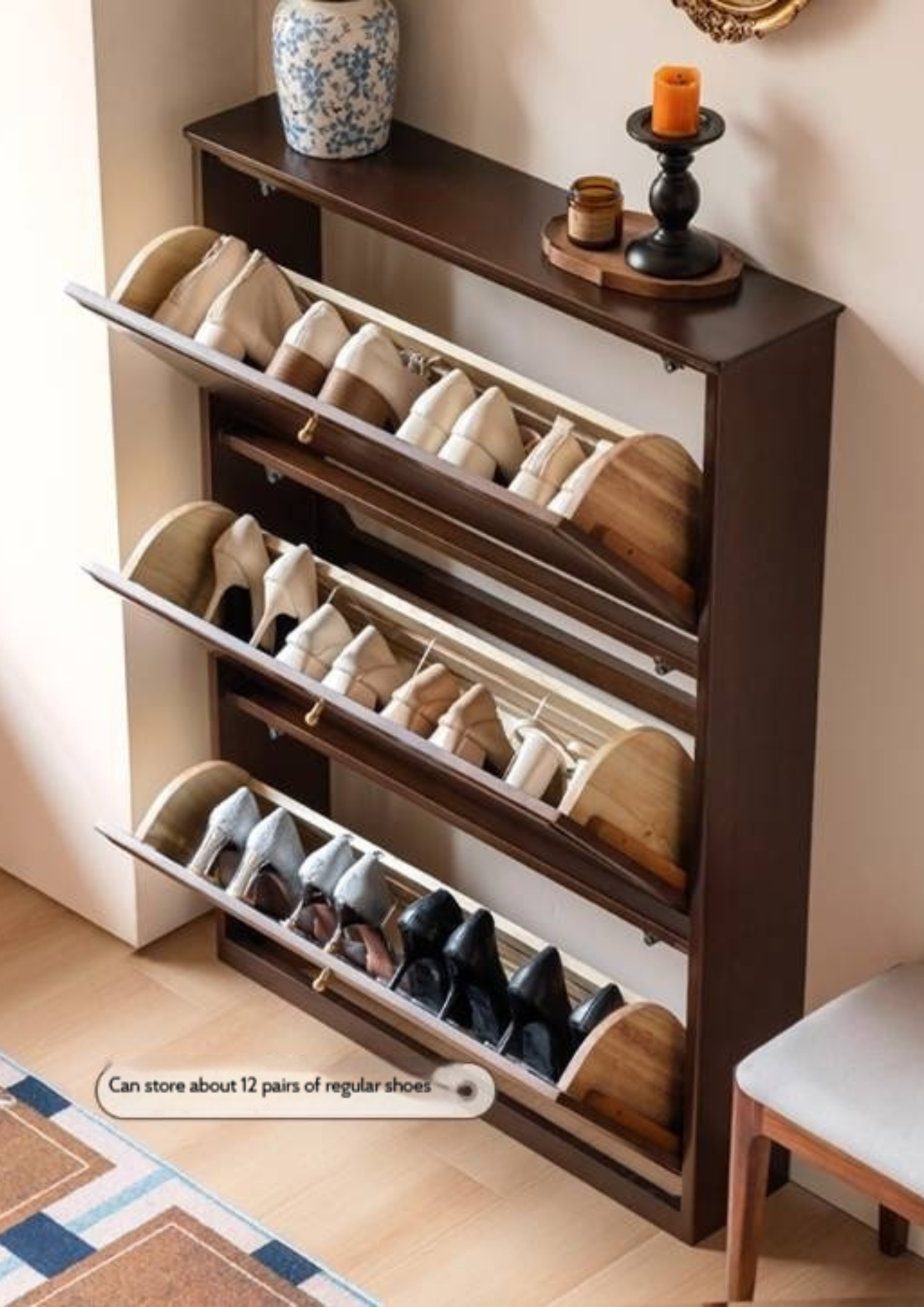 Poplar, Solid Rubber Wood Retro Narrow Shoe Cabinet