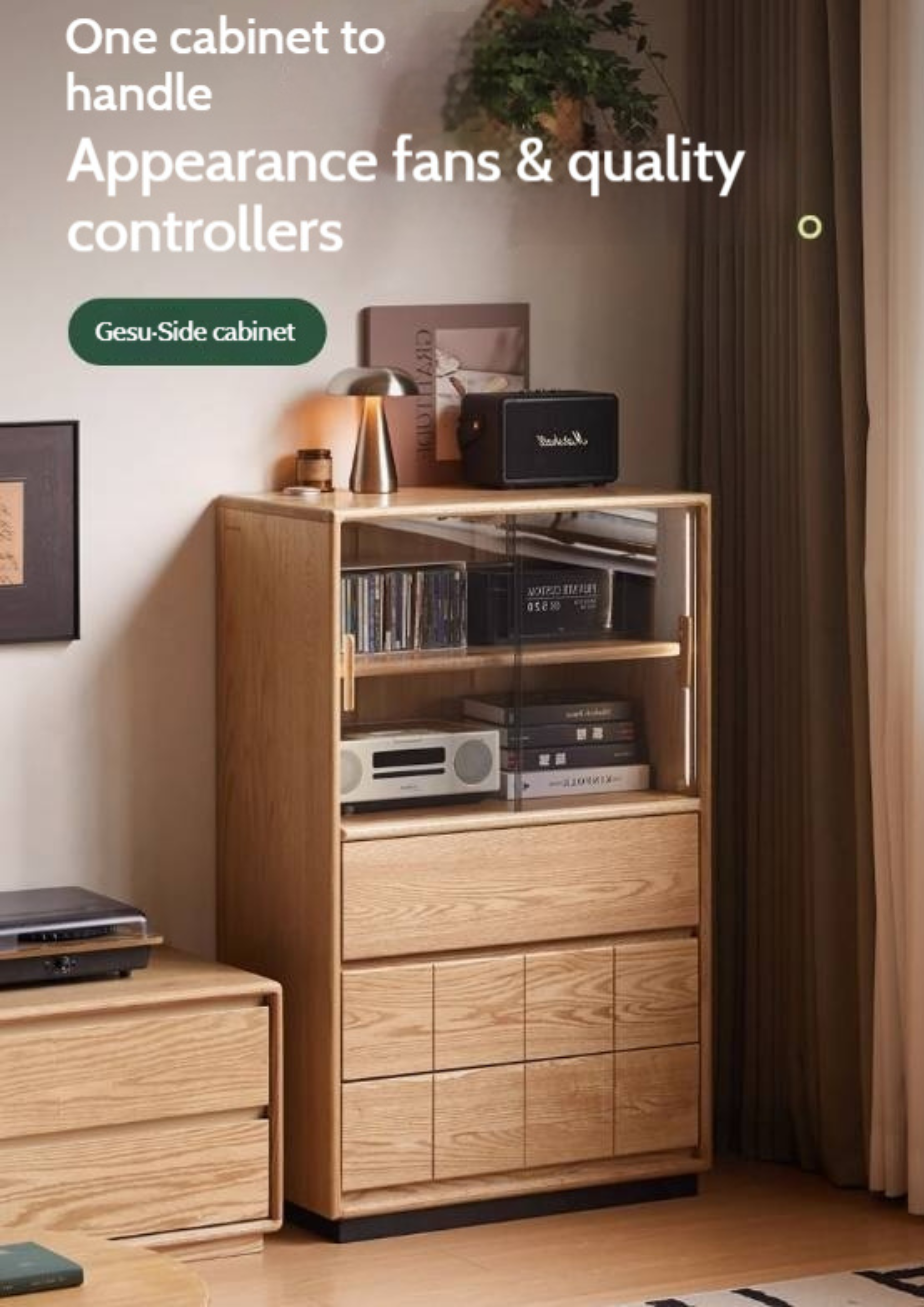 Oak Solid Wood Modern Side Cabinet with Light