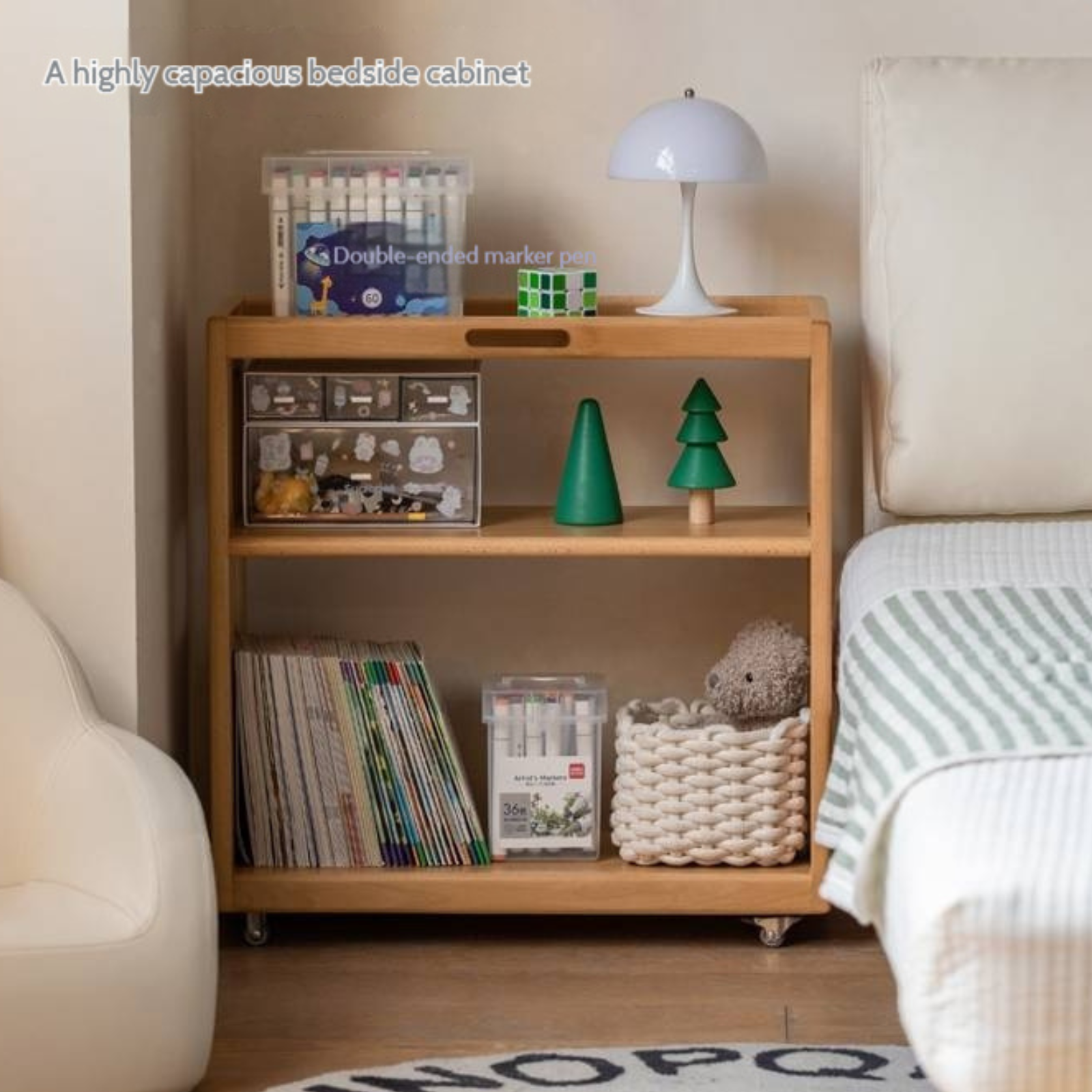 Beech Solid Wood Movable Children's Montessori Under-Table Bookshelf with Wheels
