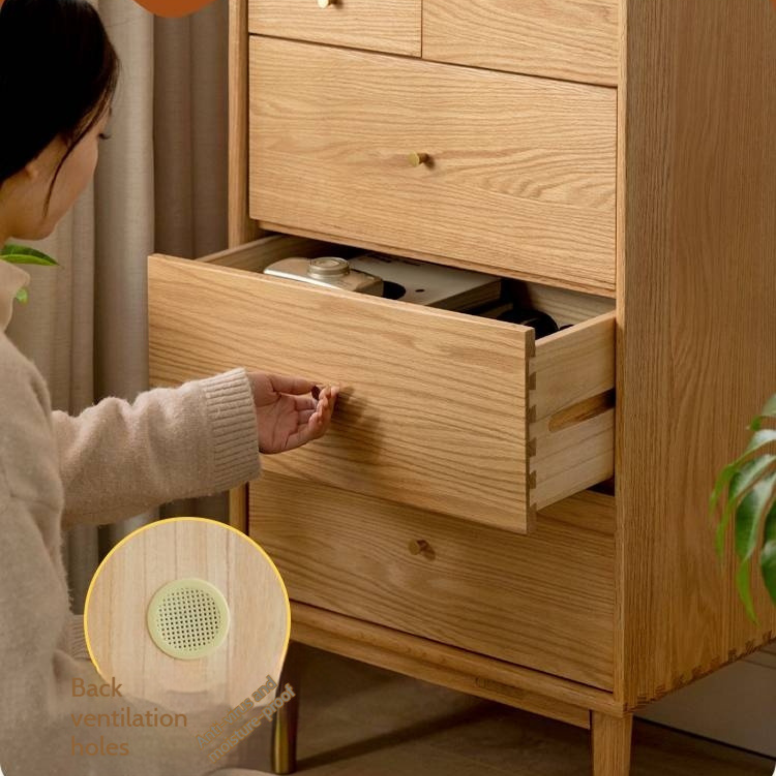 Oak Solid Wood Side Cabinet, Six-Drawer Chest.