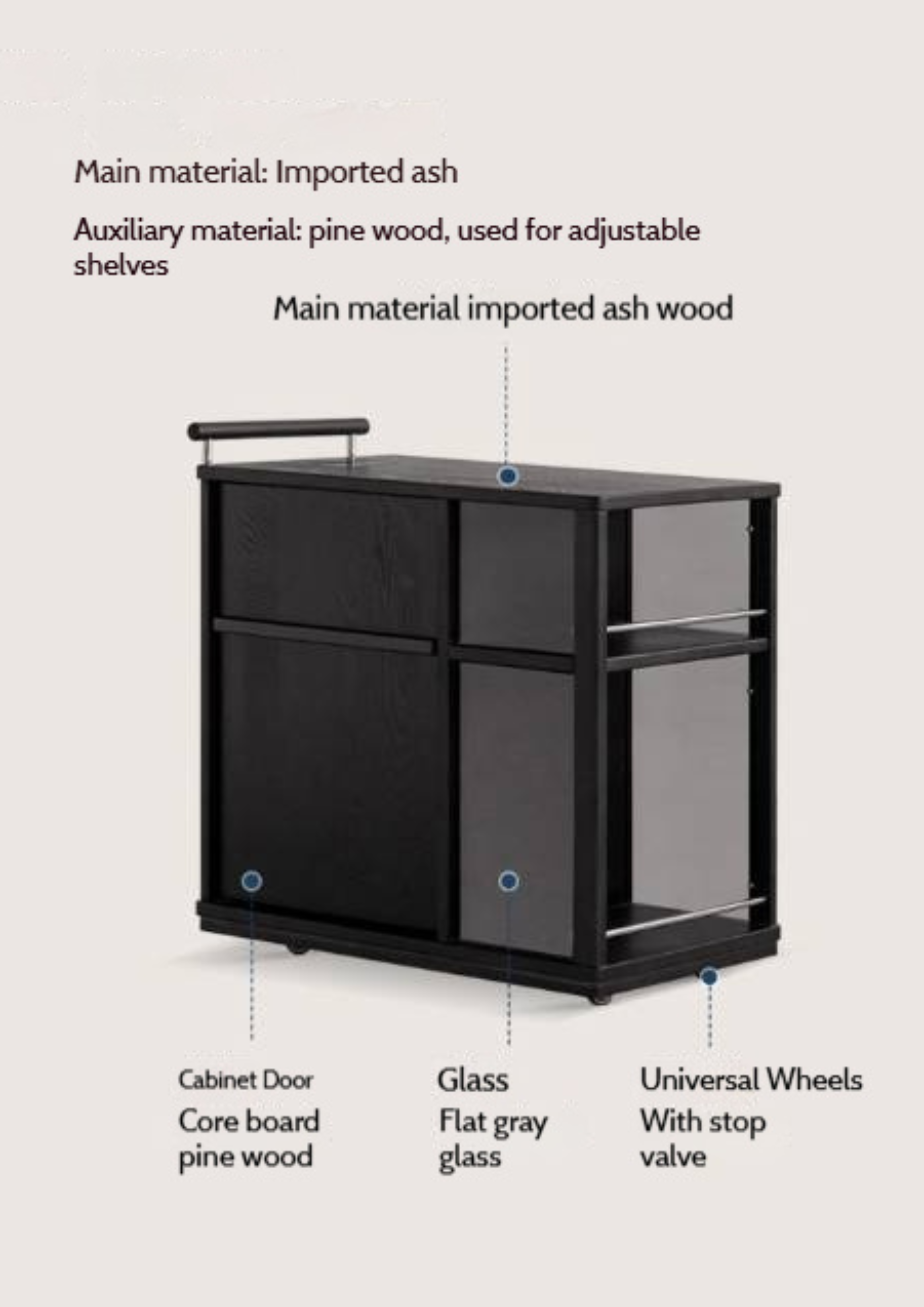 Ash Solid Wood Mobile Side Cabinet