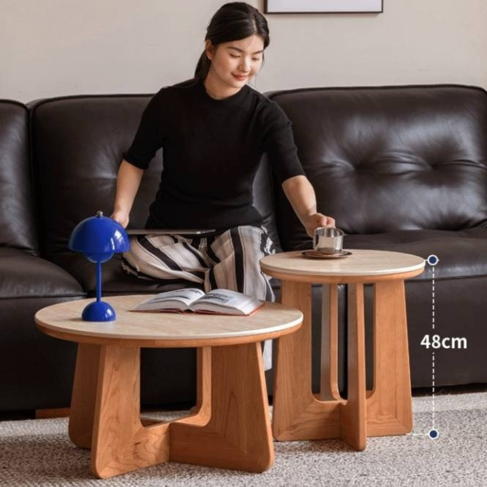 Cherry Solid Wood Rock Plate Round Coffee Table