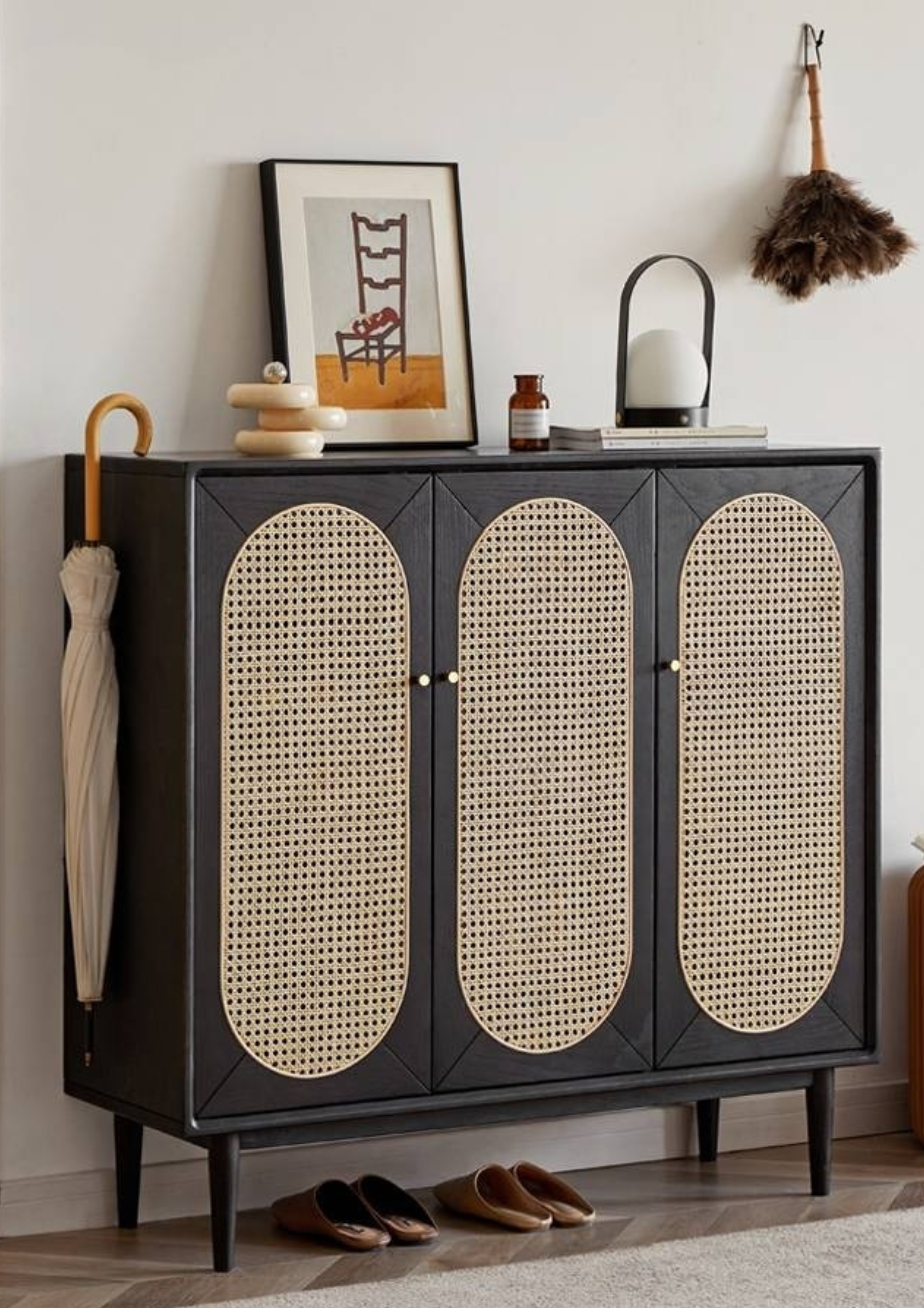 Oak Solid Wood Black Rattan Shoe Cabinet
